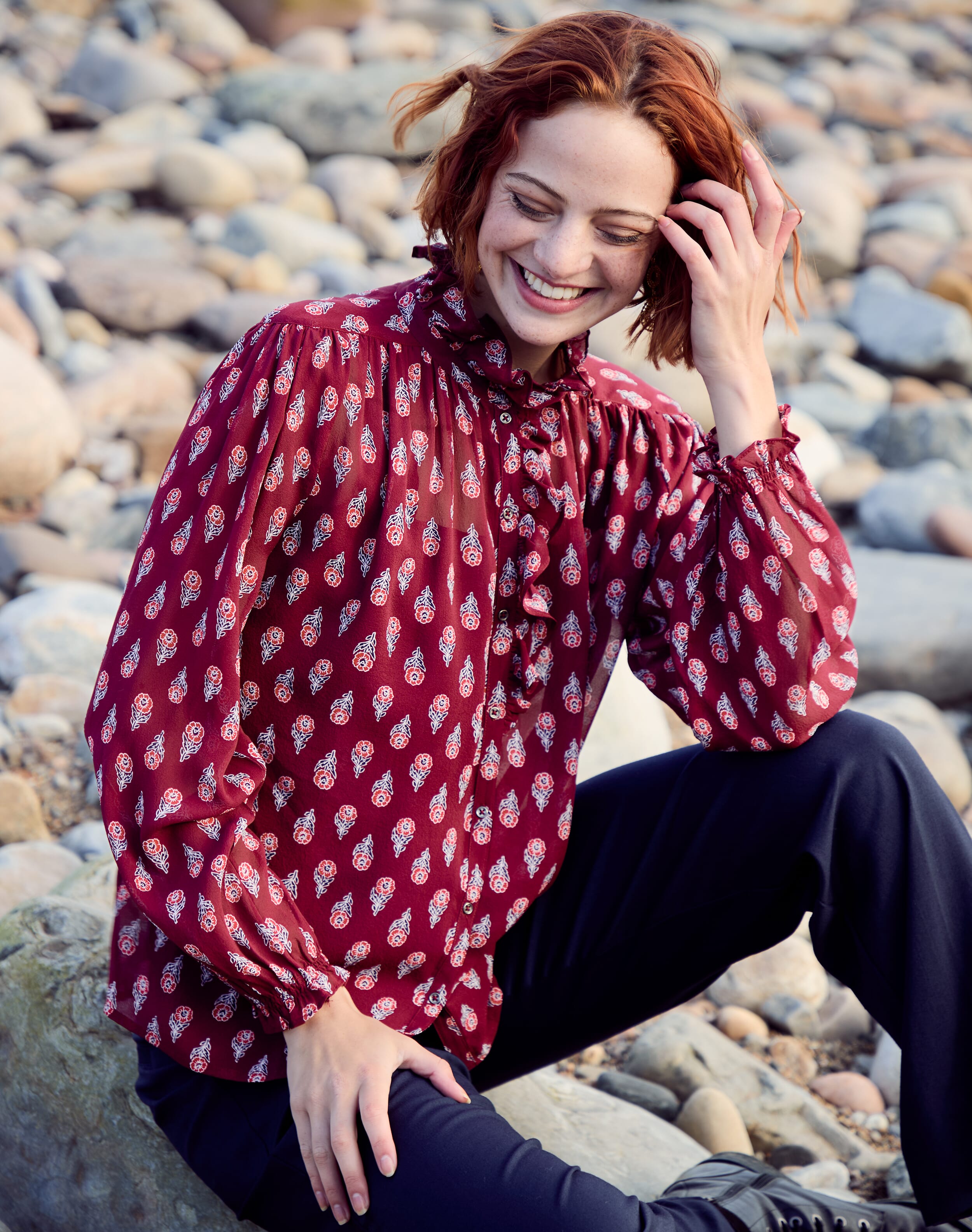 Brora Silk Frill Front Blouse cherry