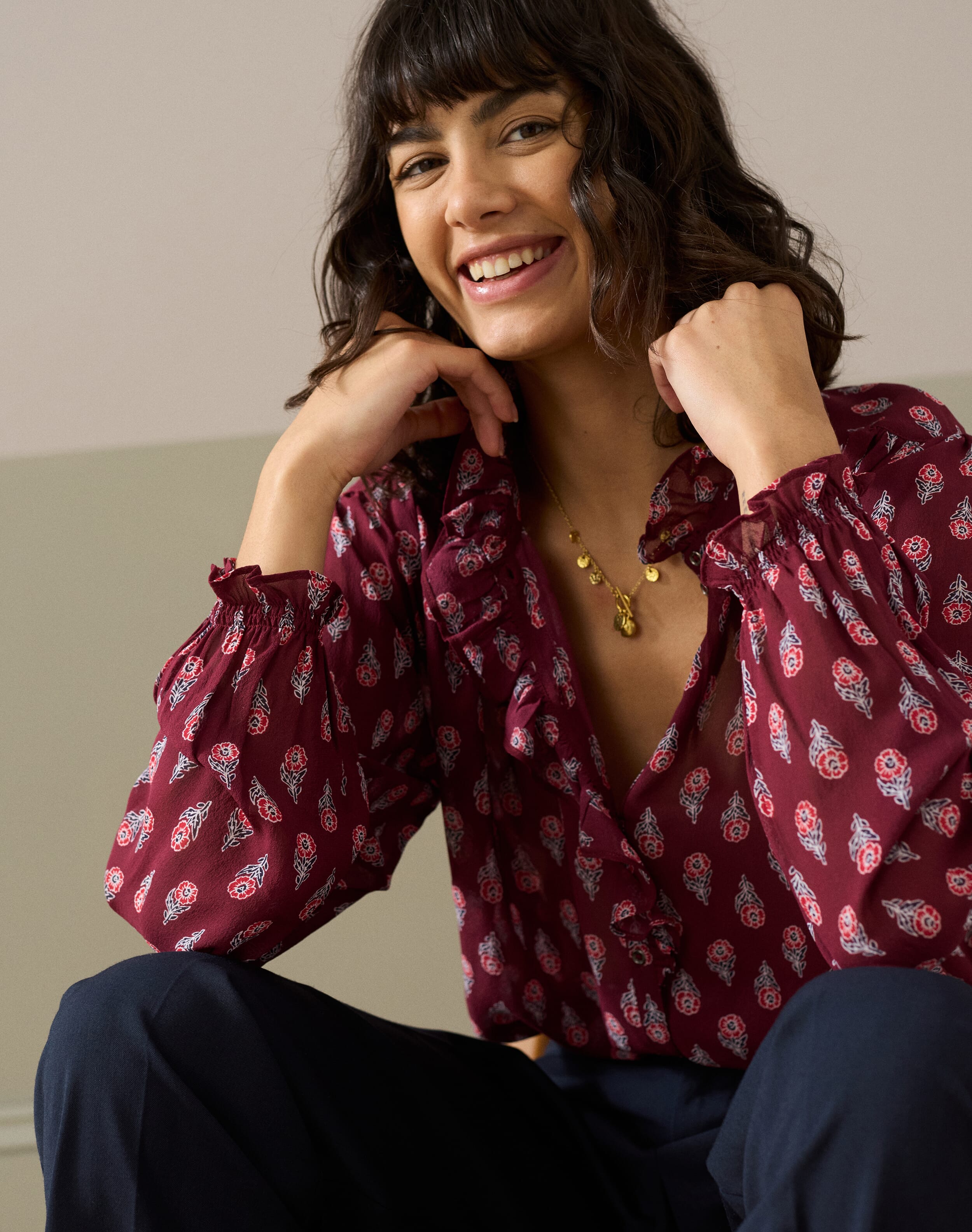 Brora Silk Frill Front Blouse Black cherry  - Size: 6
