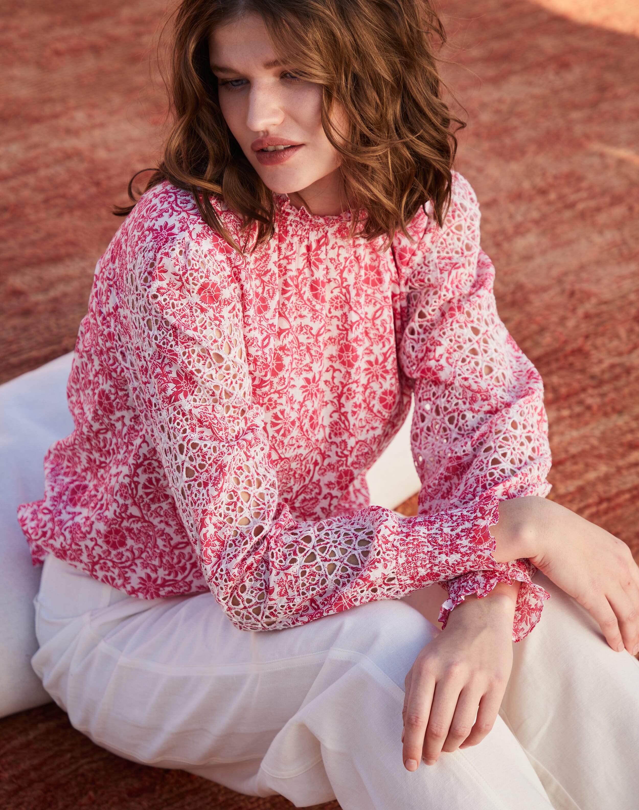 Brora Organic Cotton Voile Broderie Blouse Geranium botanic