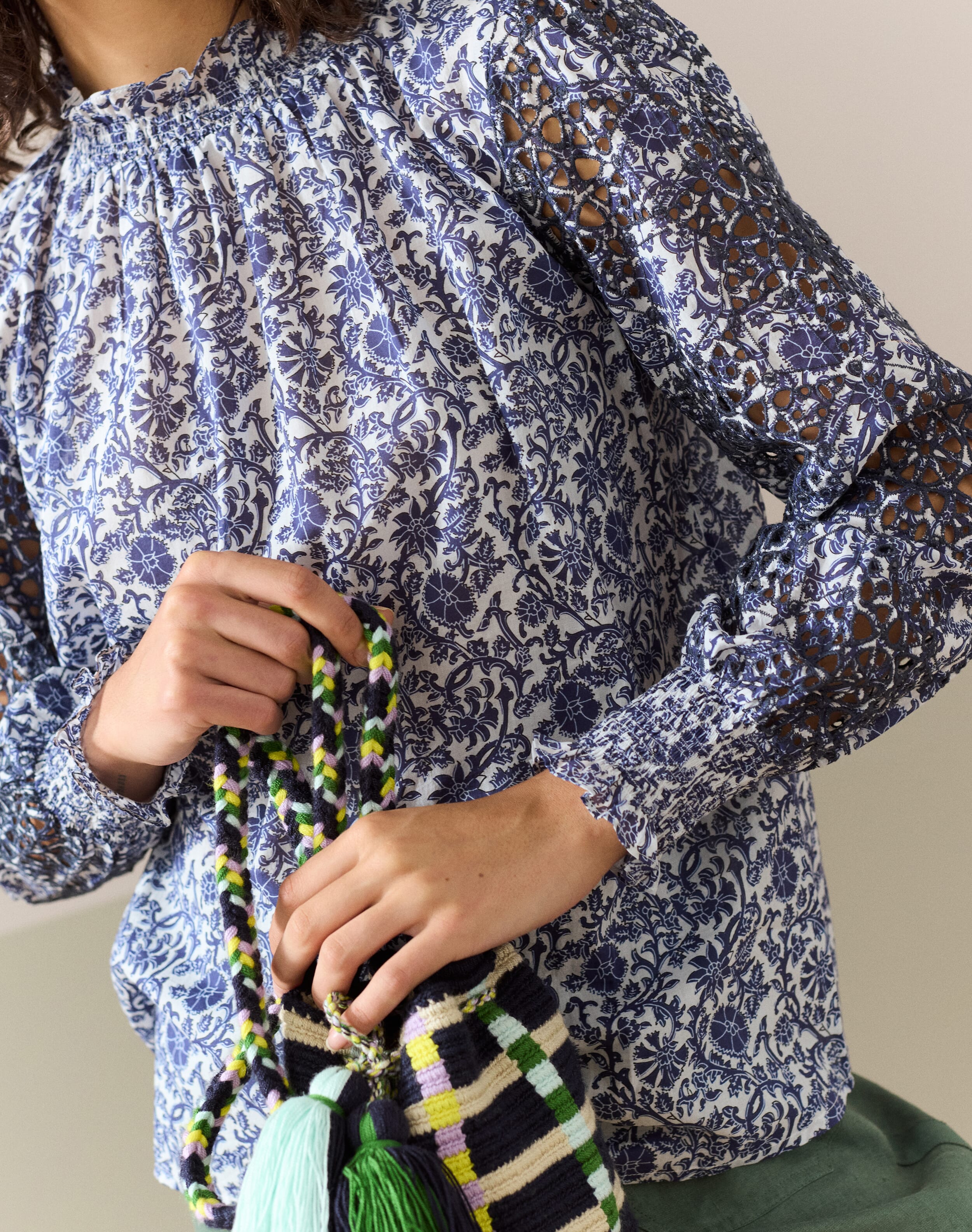 Blue Organic Cotton Voile Broderie Blouse | Women's | Brora