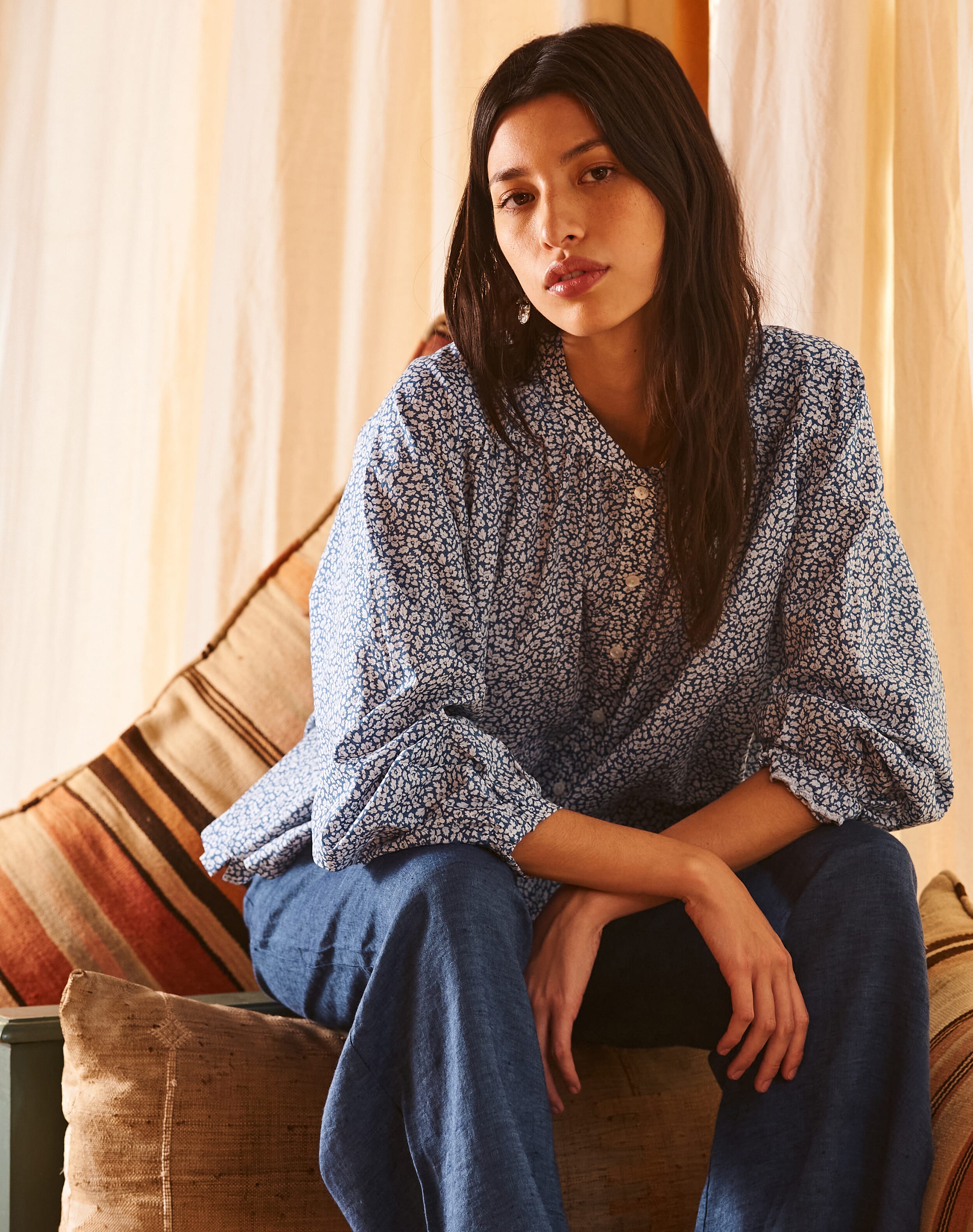 Brora Liberty Print Organic Cotton Smock Shirt Chambray daisy