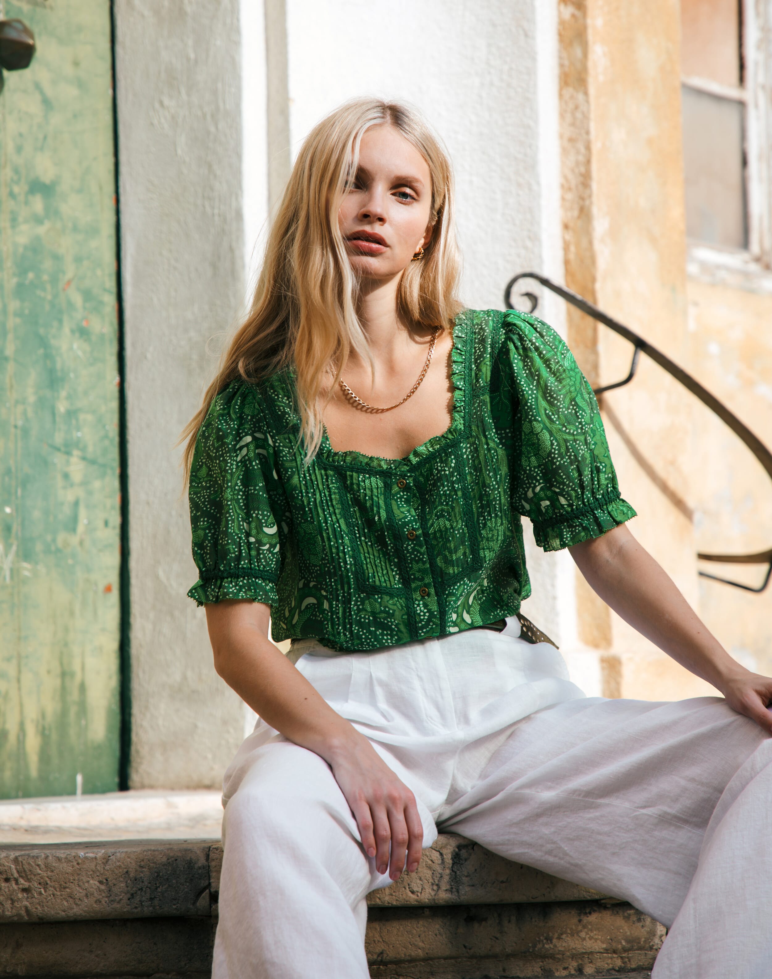 Brora Silk Cotton Batik Print Blouse Leaf green  - Size: 12