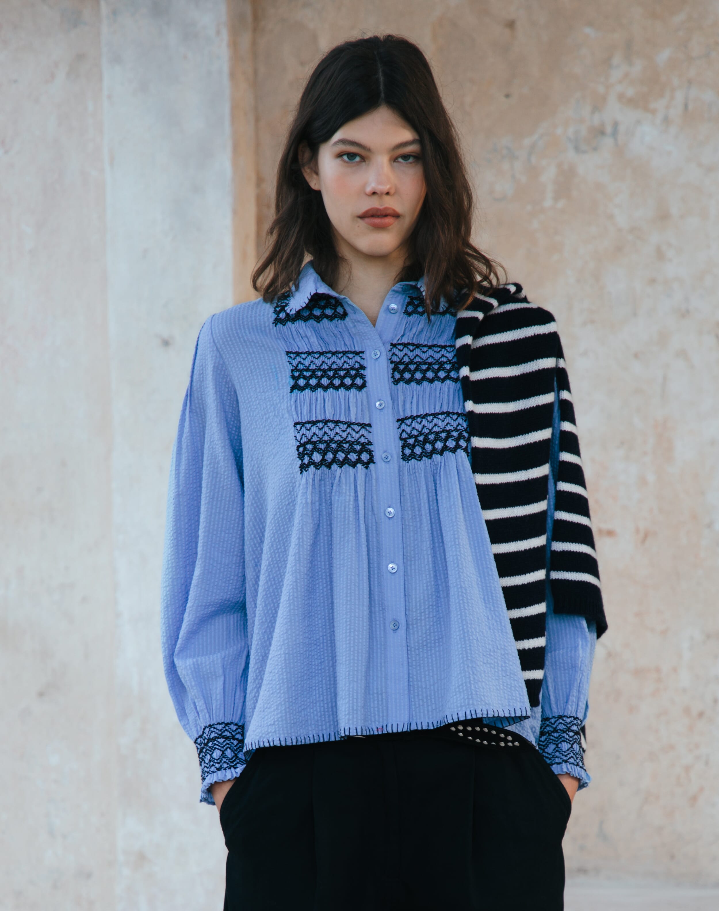 Brora Smocked Cotton Blouse Sky & navy  - Size: 14