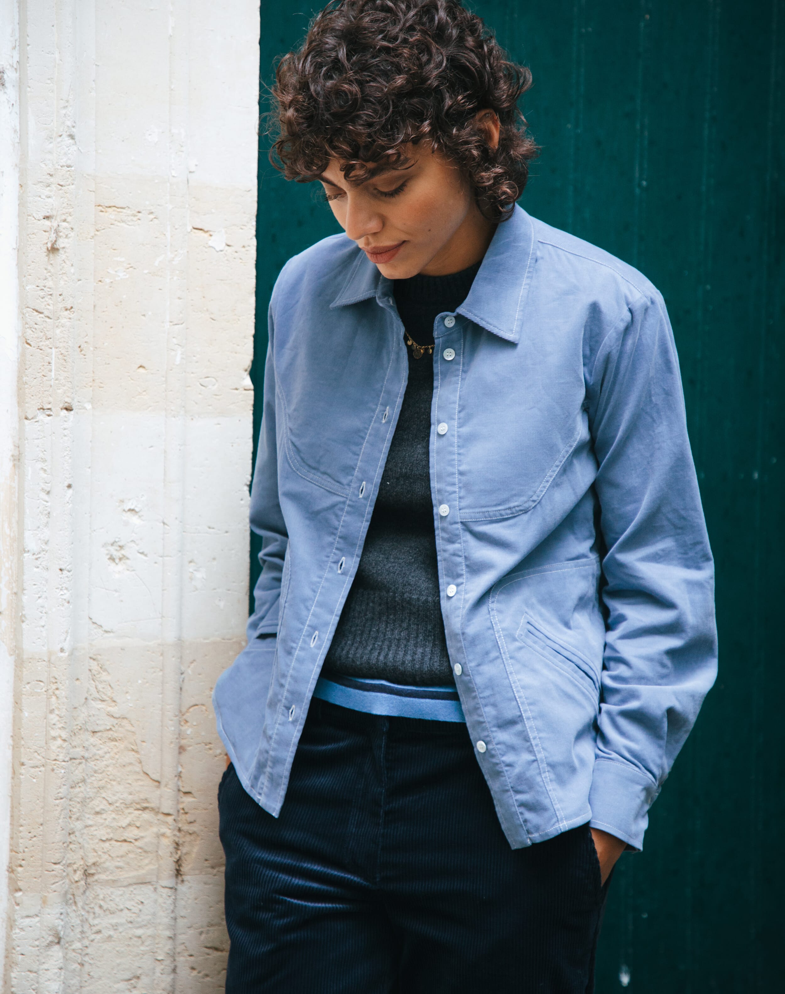 Brora Needlecord Shirt Sky Blue  - Size: 10