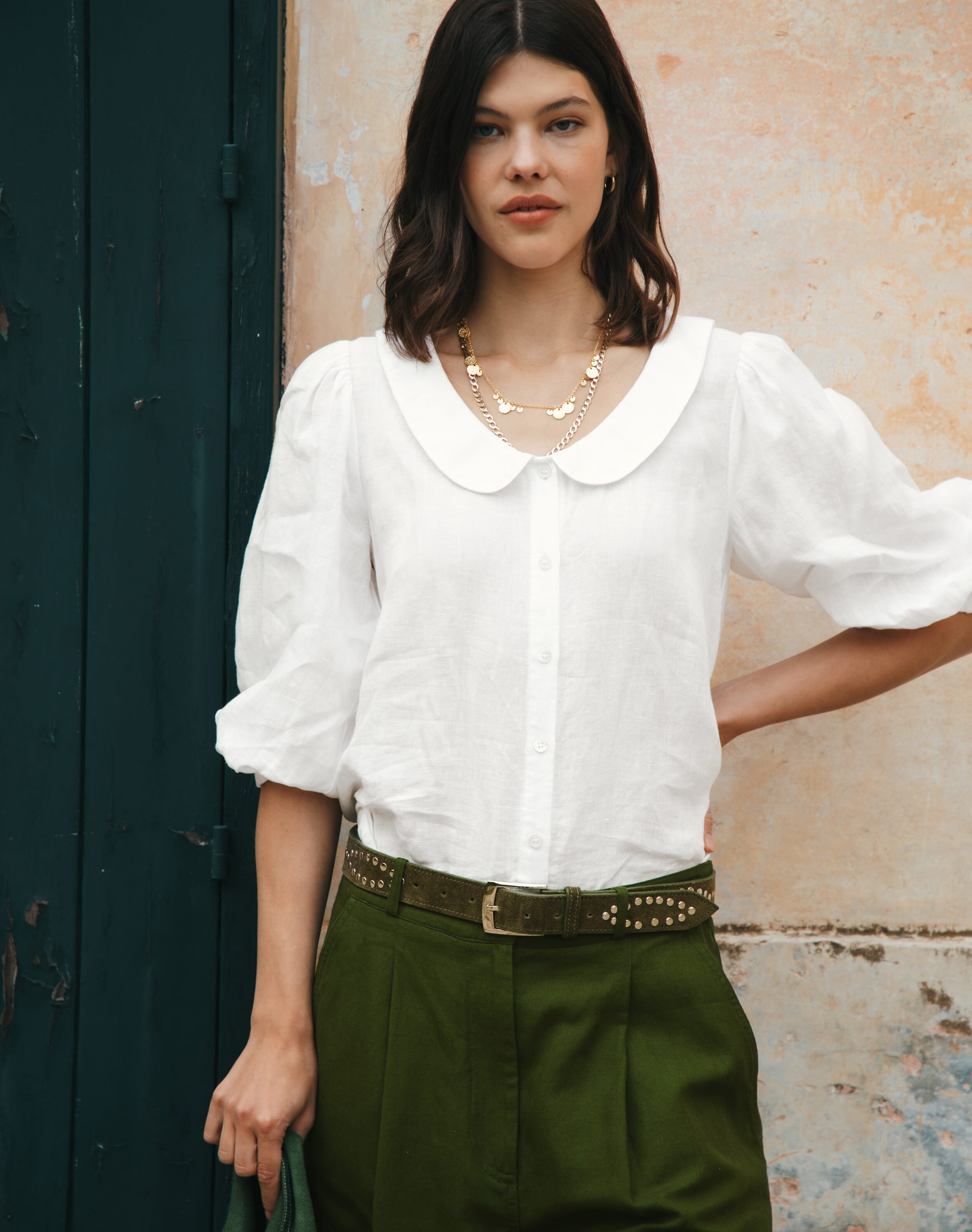 Brora Washed Linen Peter Pan Blouse White