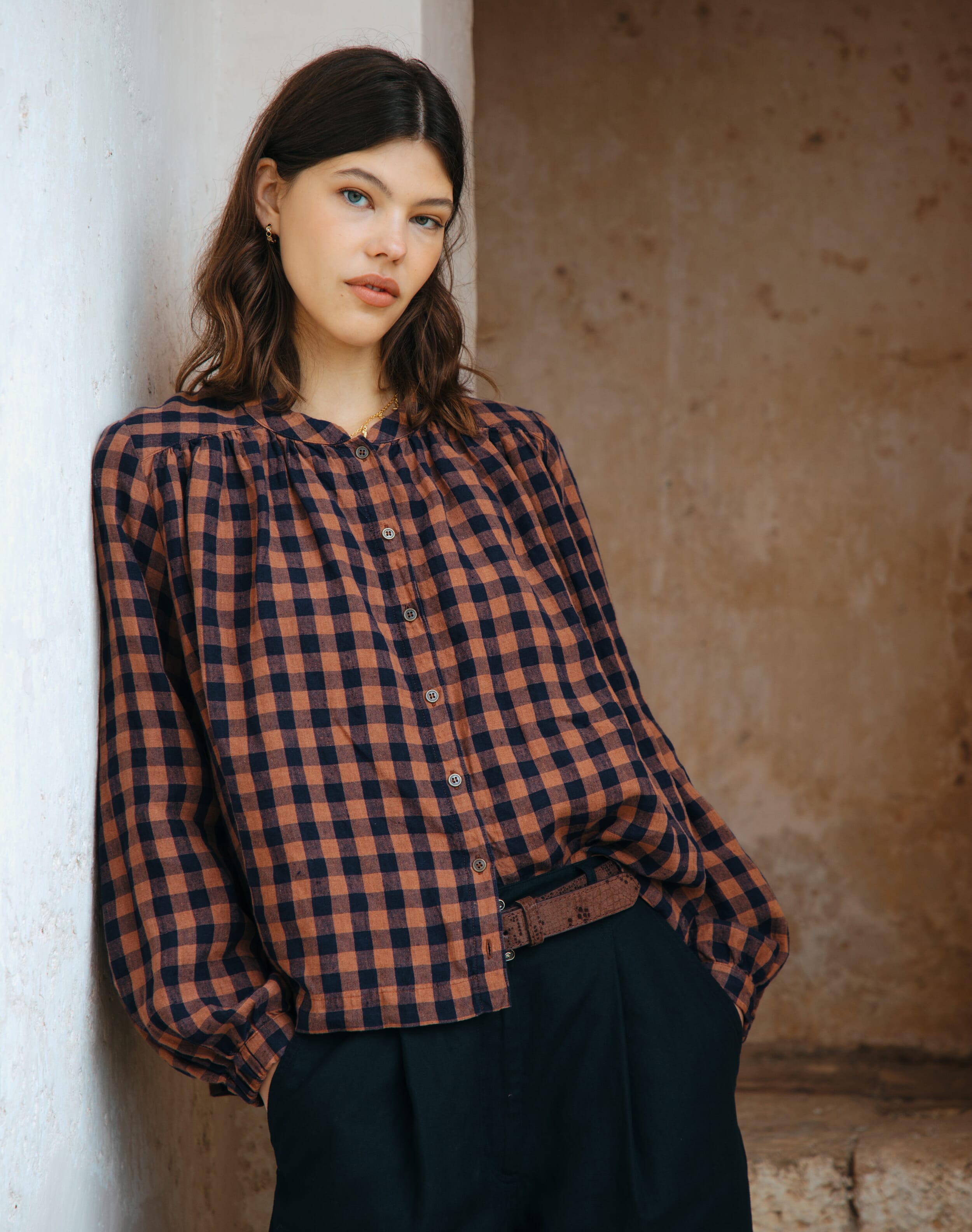 Brora Gingham Linen Smock Blouse Caramel & Navy  - Size: 8-10