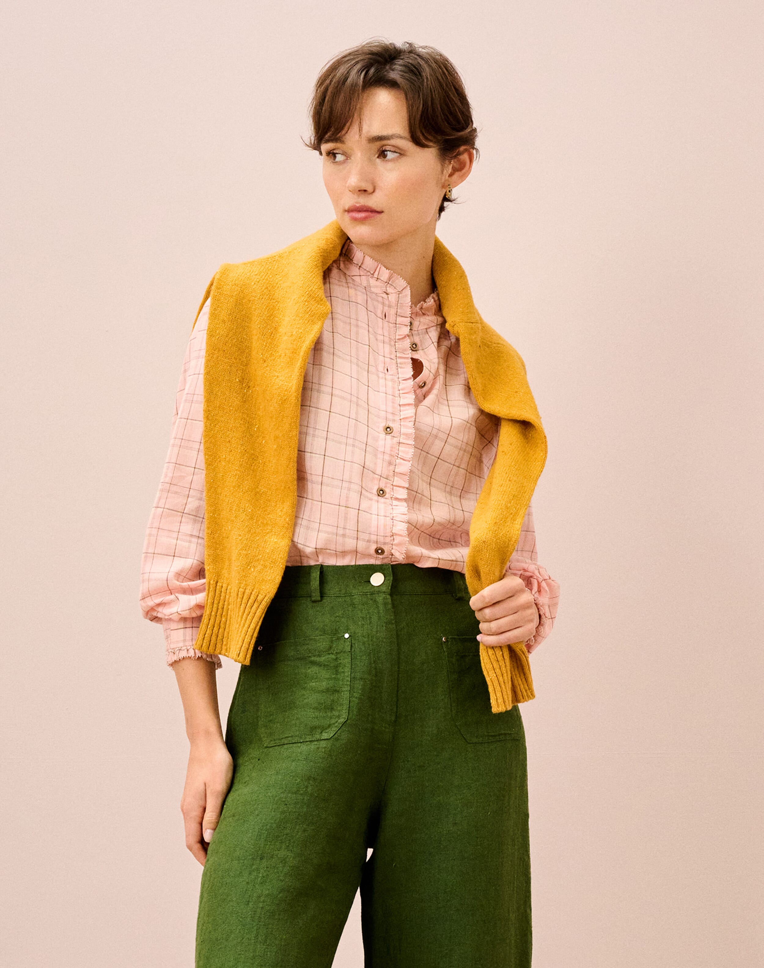 Brora Cotton Check Frill Shirt Peach  - Size: 10