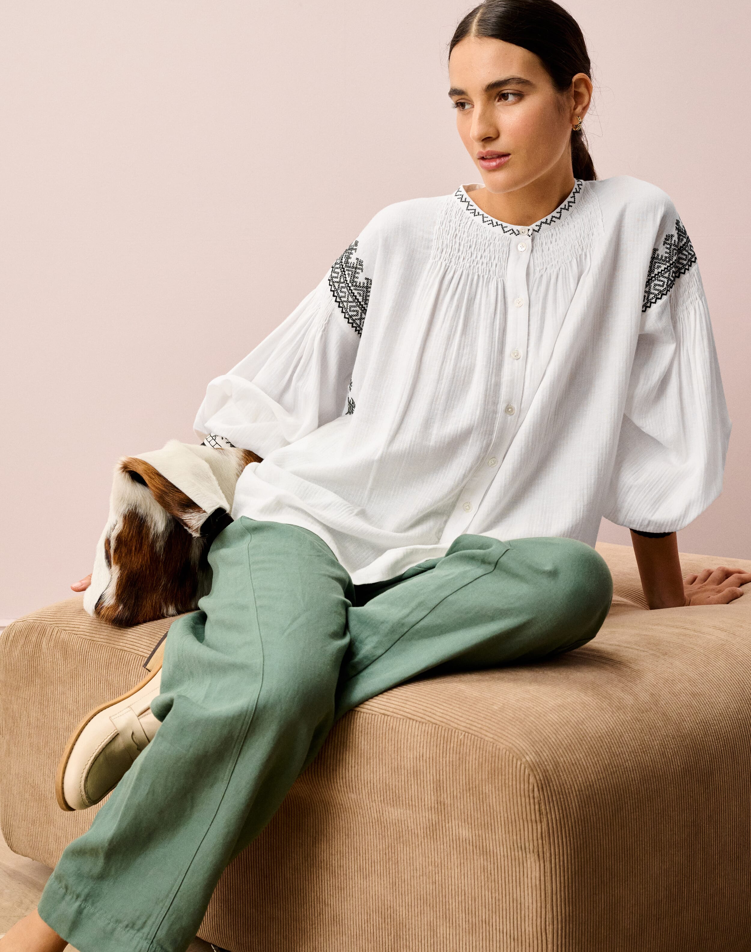 Brora Cotton Embroidered Smock Blouse White