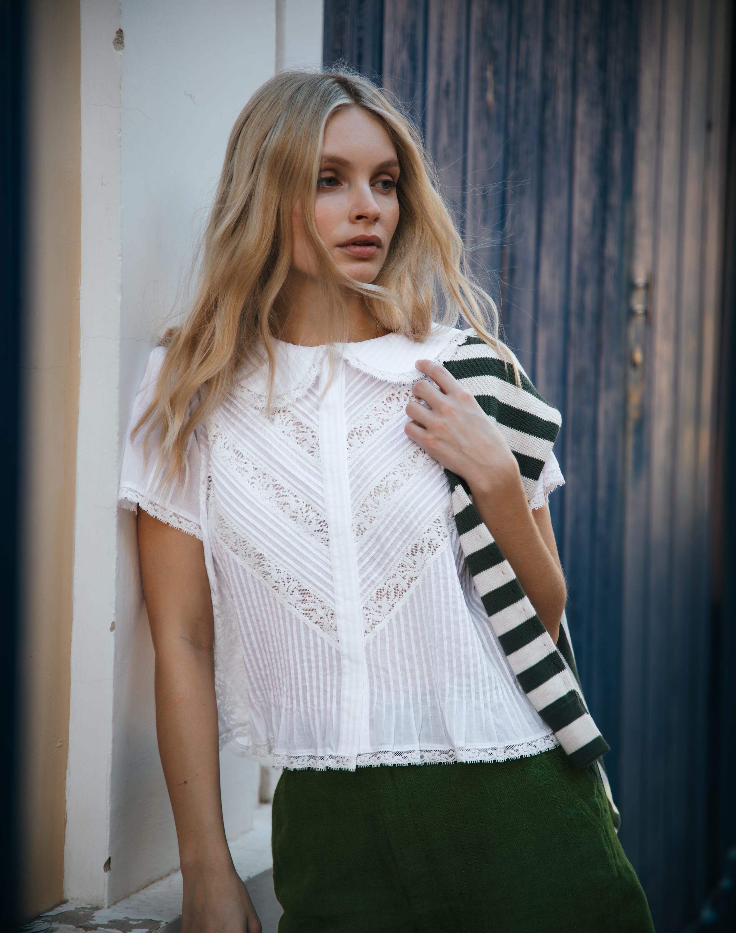 Brora Organic Cotton Lace Trim Blouse White  - Size: 14