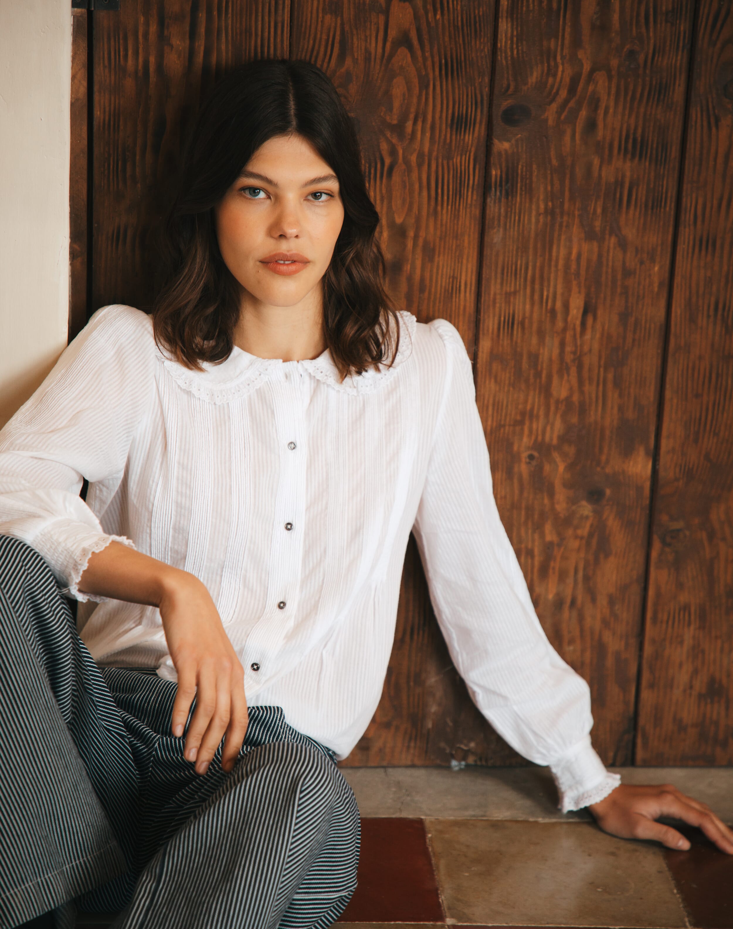 Brora Organic Cotton Pintuck Blouse White