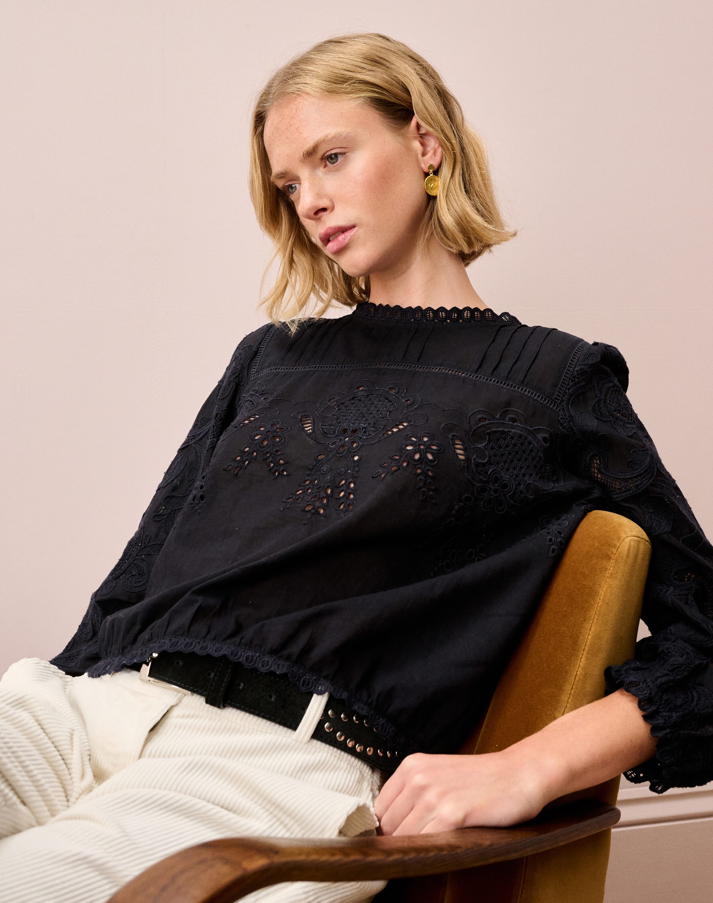 Brora Organic Cotton Broderie Anglaise Blouse Black