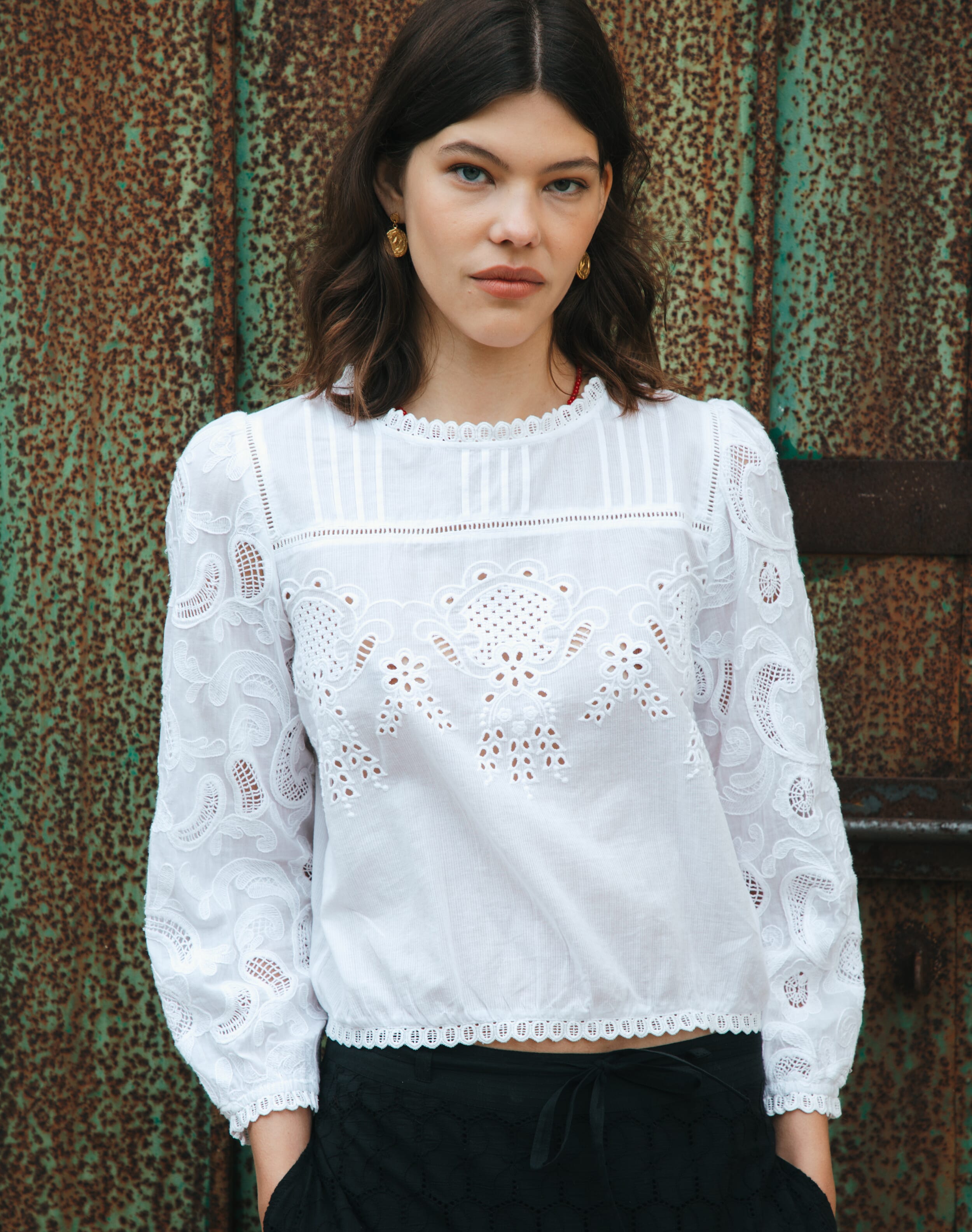 Brora Organic Cotton Broderie Anglaise Blouse White