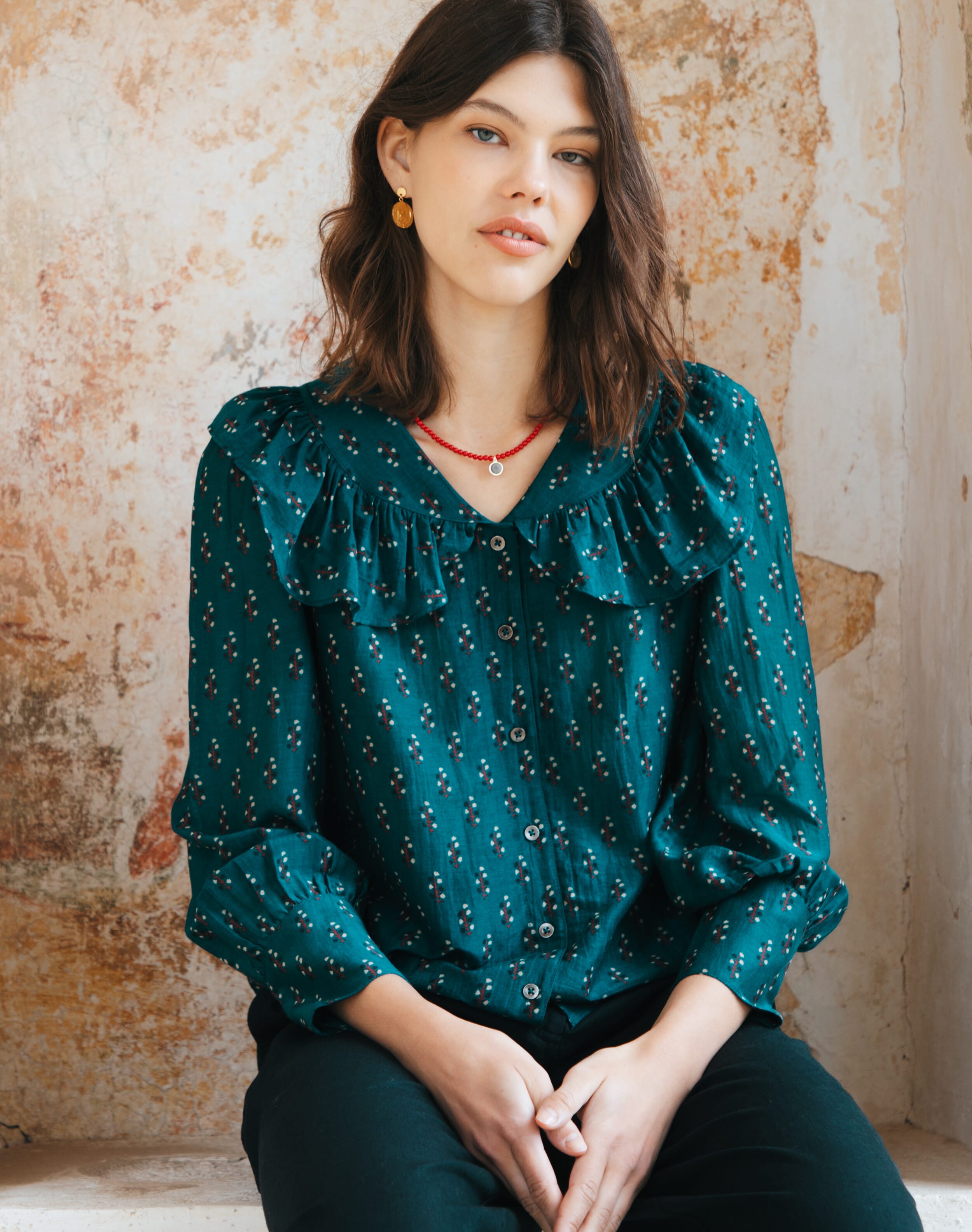 Brora Silk Cotton Motif Print Blouse Mallard  - Size: 16