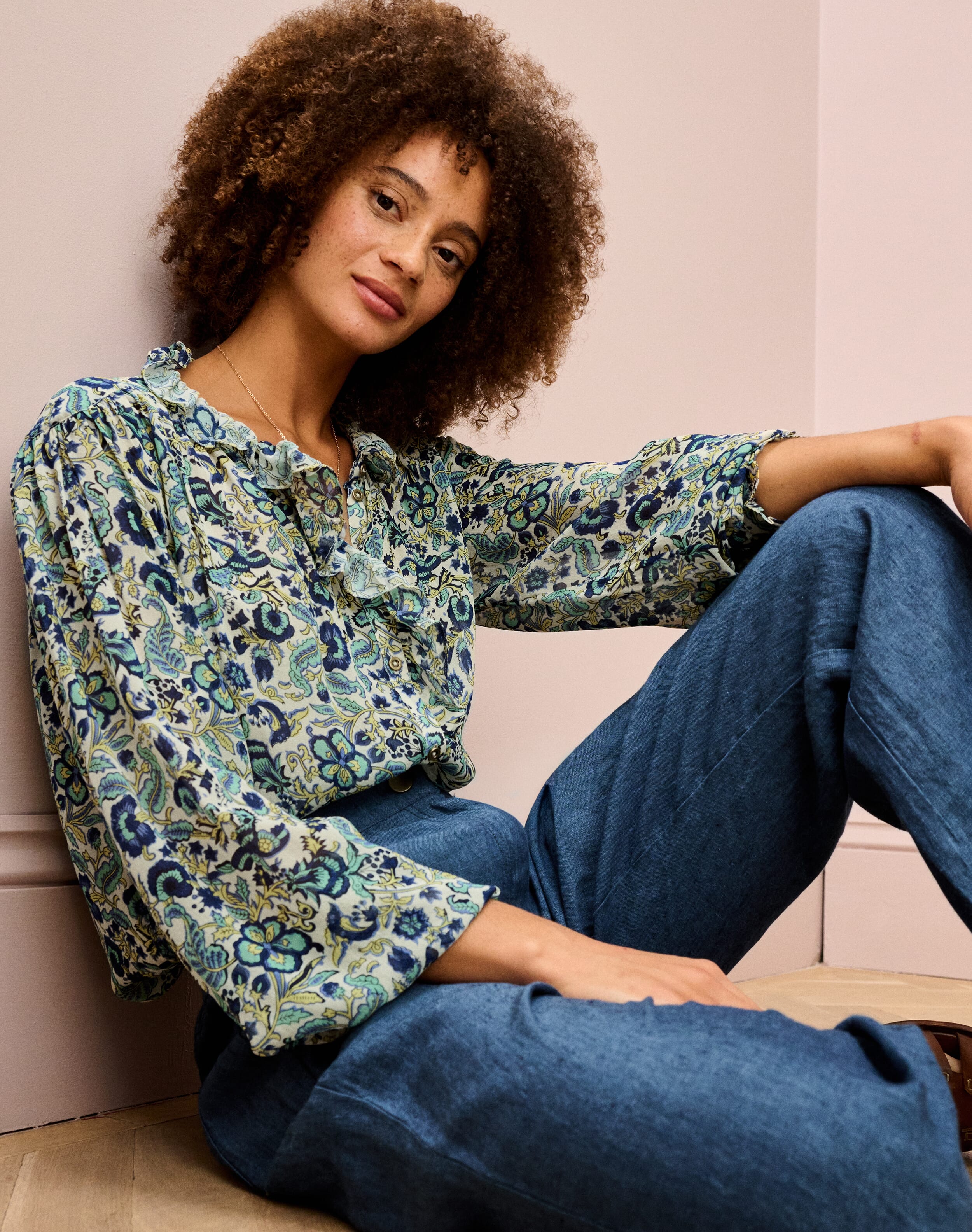 Brora Silk Frill Front Blouse Oyster & indigo