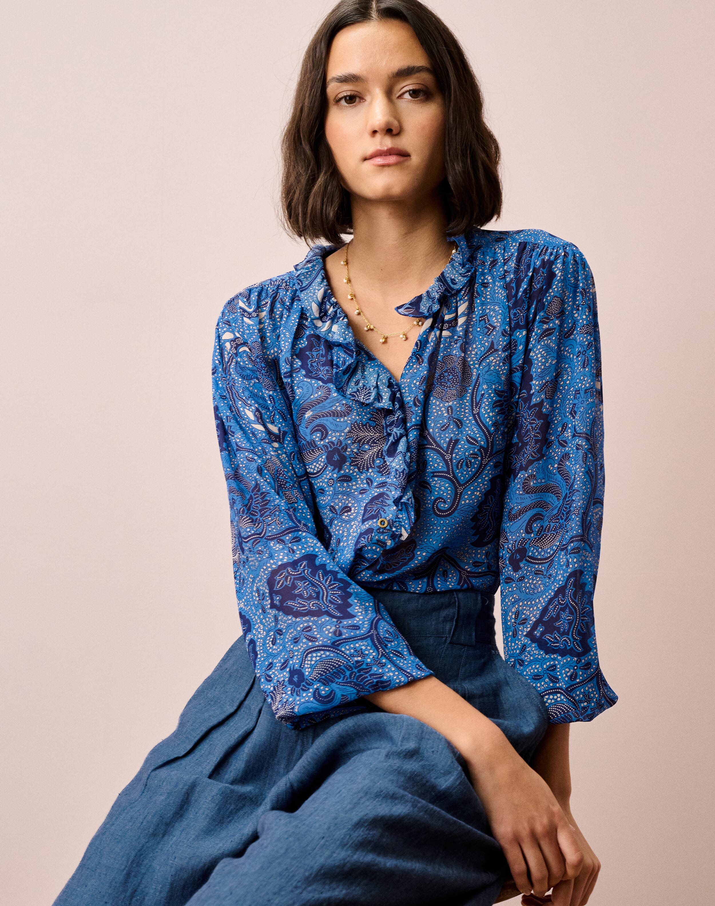 Brora Silk Frill Front Blouse Cornflower & navy  - Size: 12