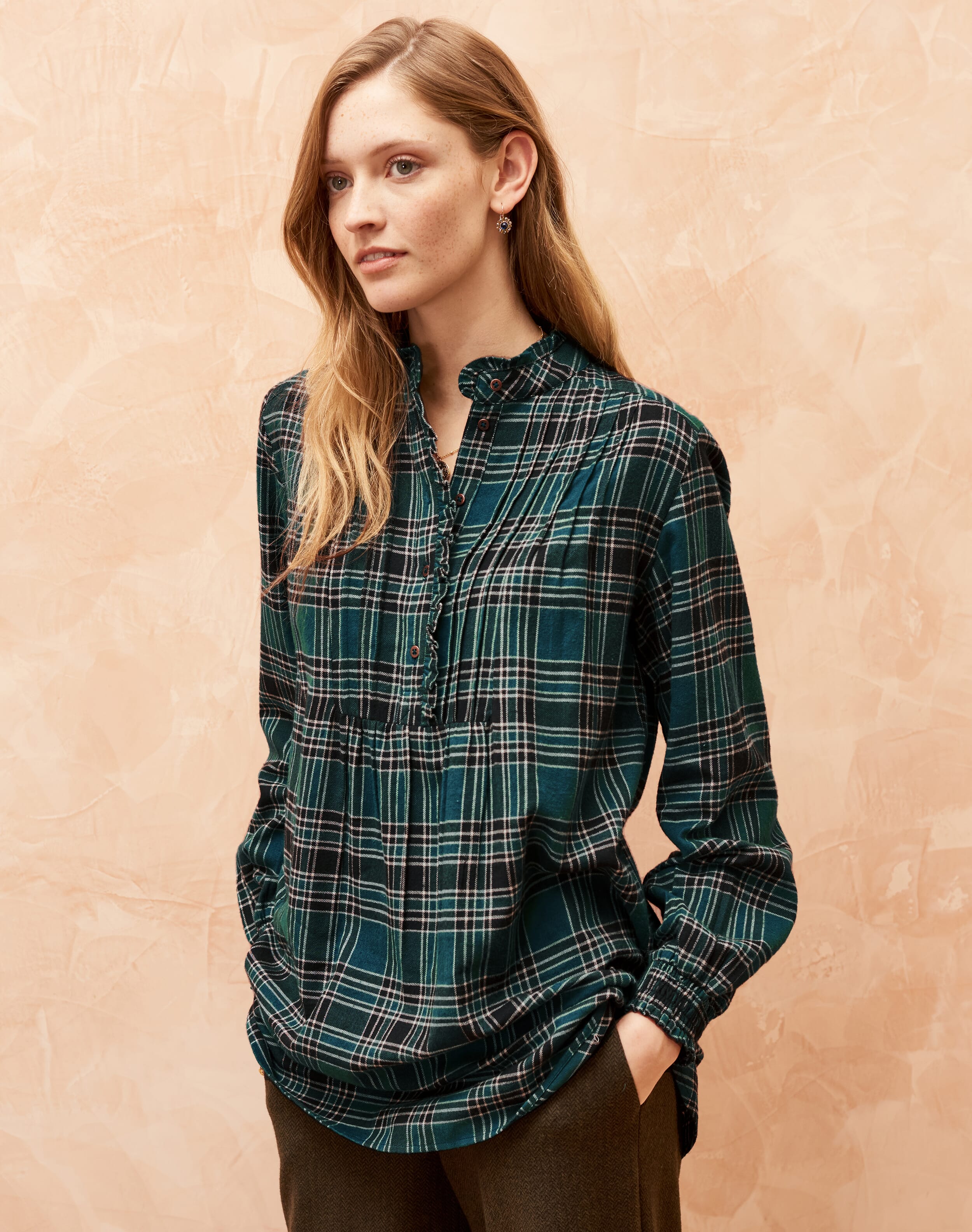 Brushed Cotton Check Shirt in Spruce & Black | Blouses | Brora