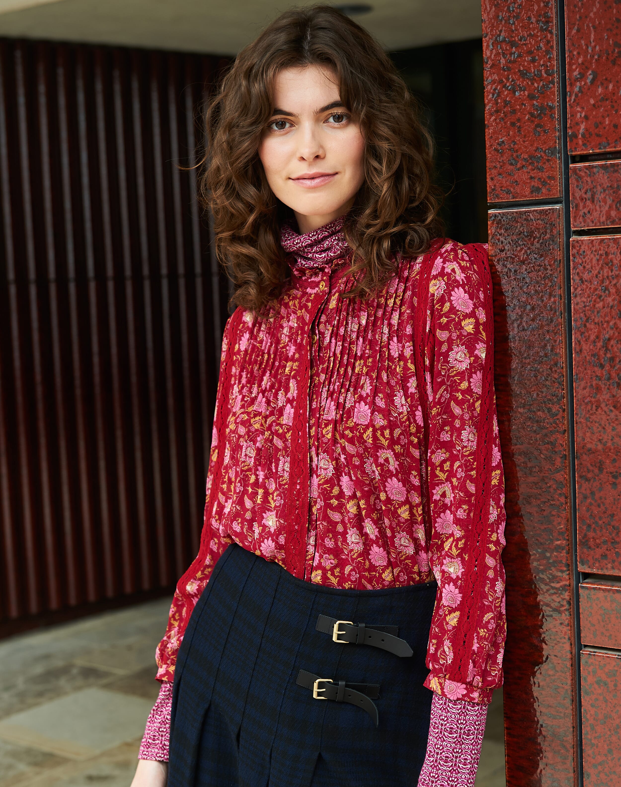 Silk Floral Block Print Shirt Damson rose