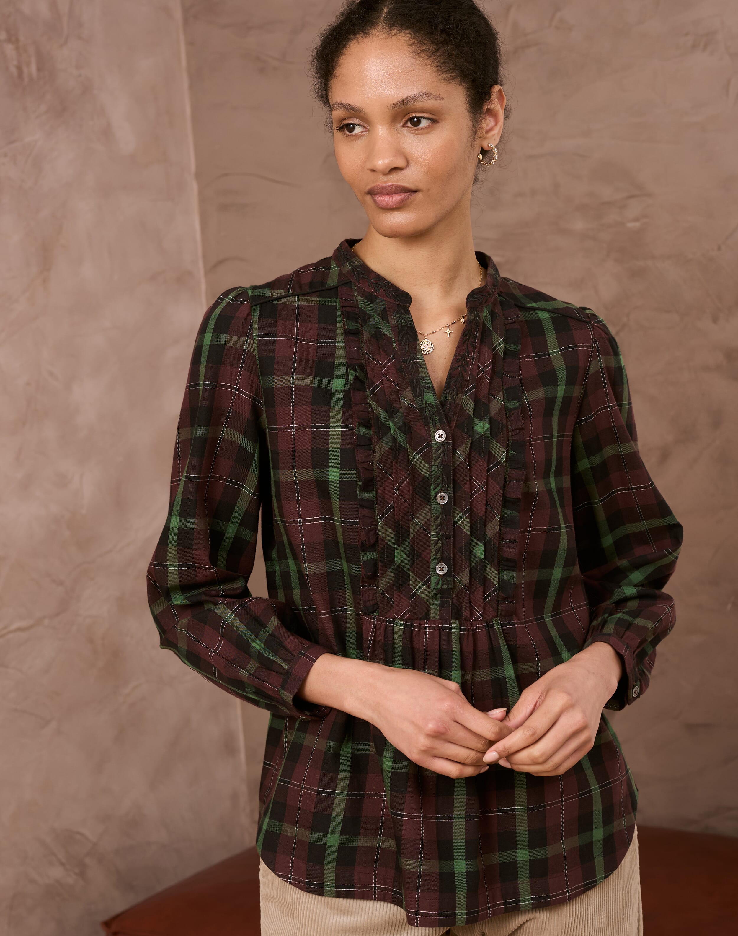 Brora Brushed Cotton Plaid Embroidered Shirt Chocolate thyme