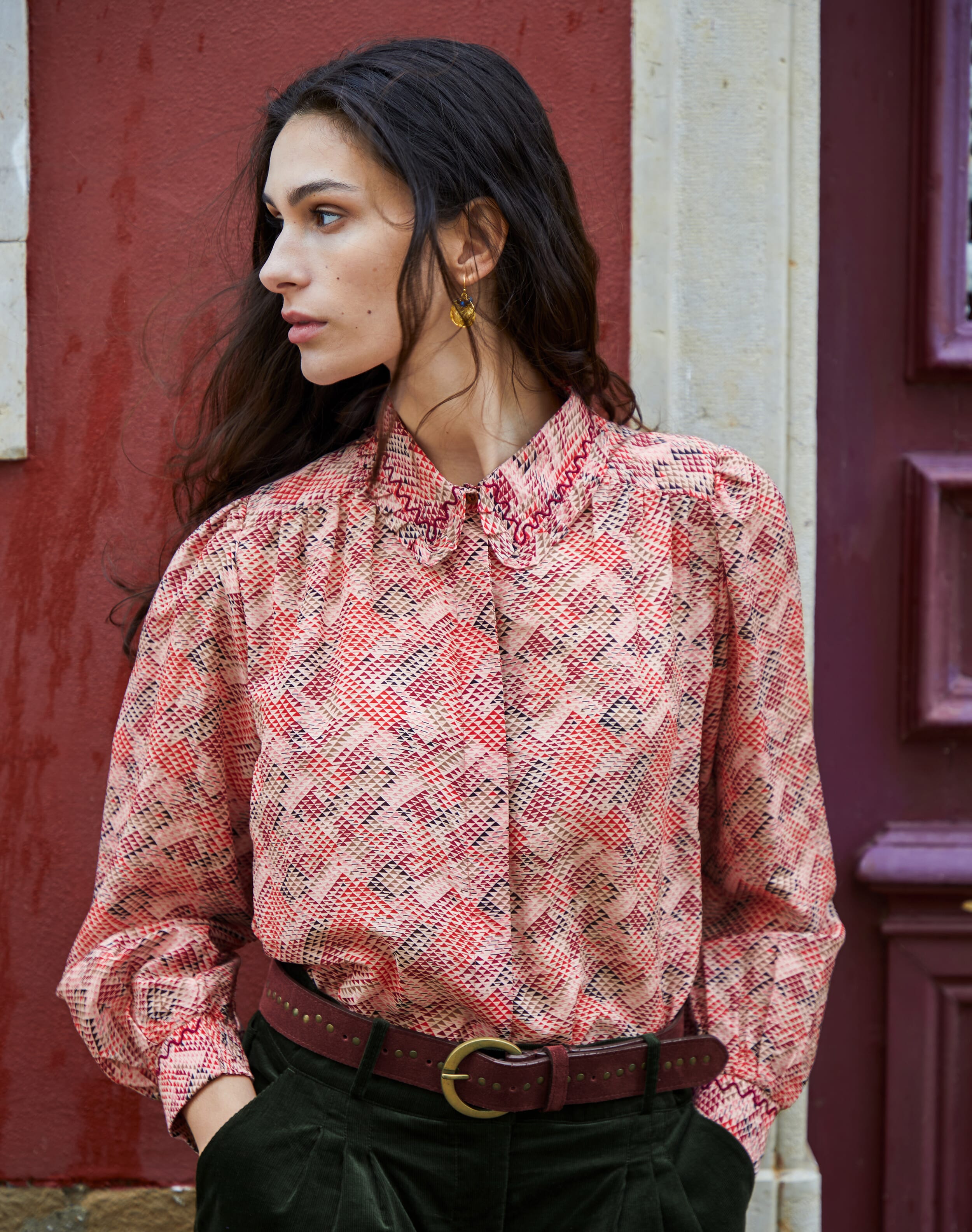 Brora Silk Cotton Graphic Print Blouse Rosehip claret