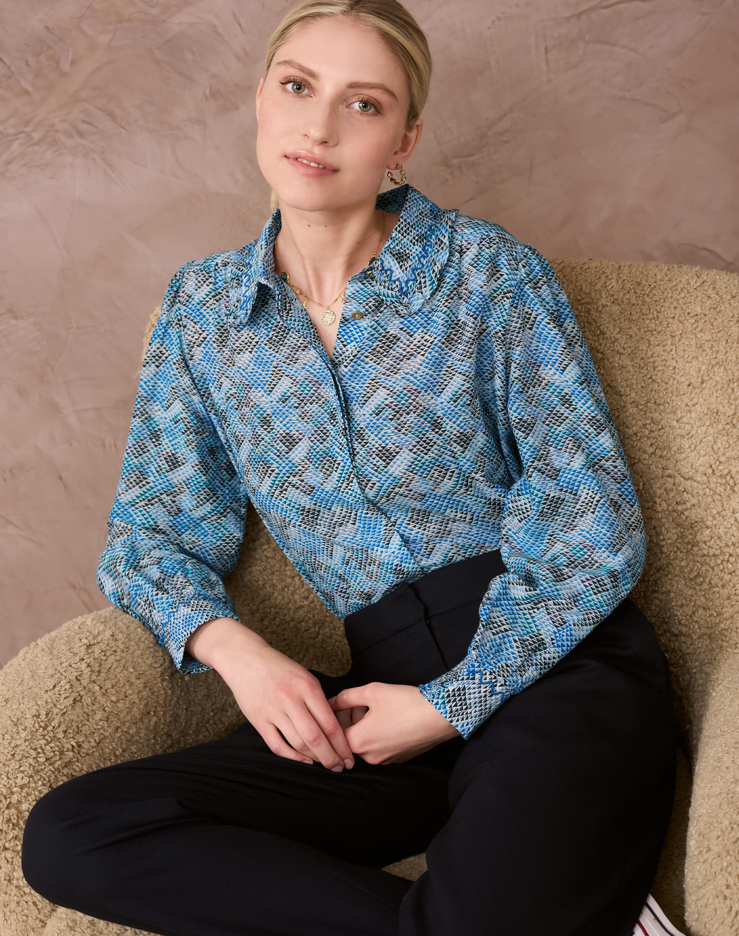 Silk Cotton Graphic Print Blouse Elderberry sky