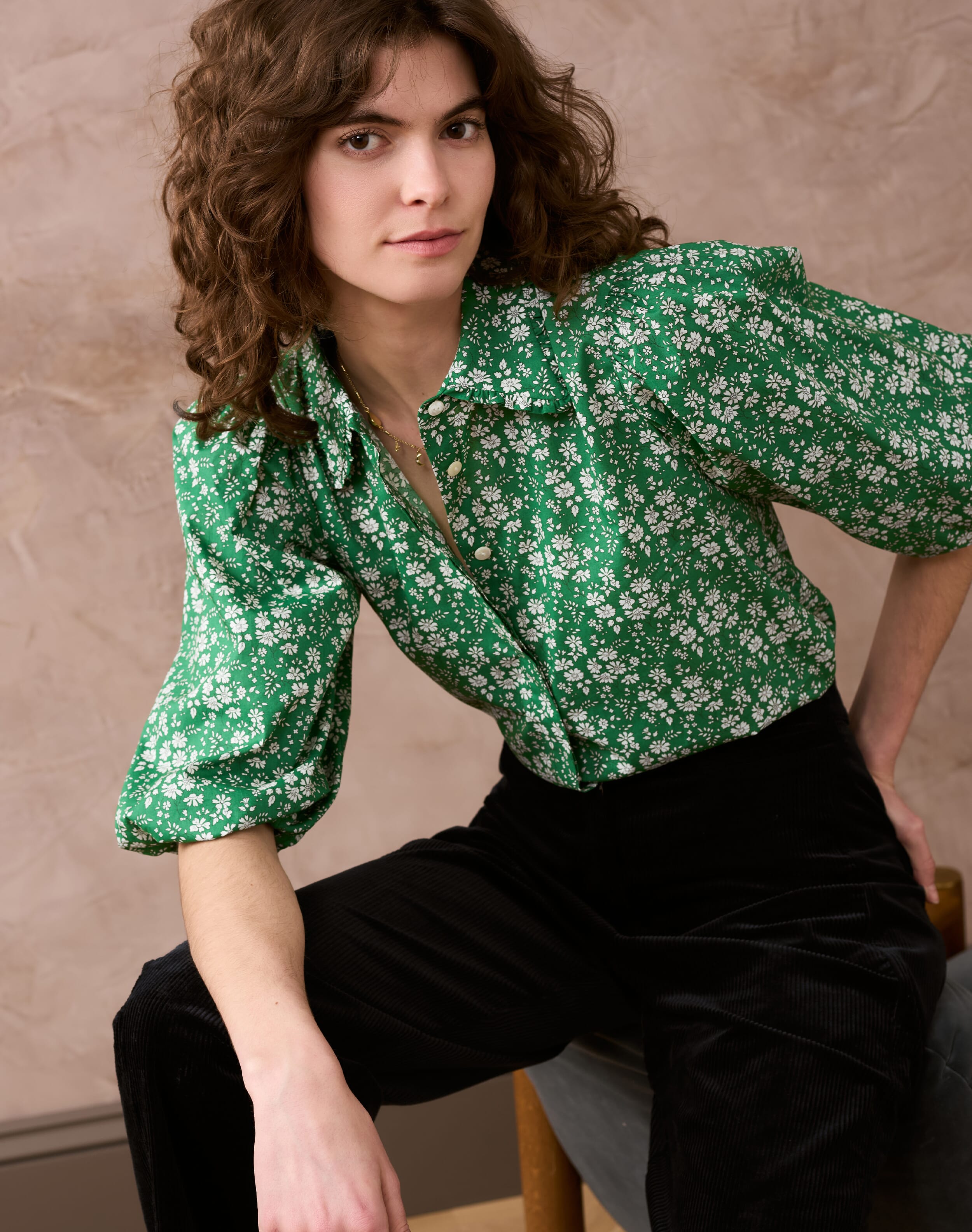 Brora Liberty Print Organic Cotton Blouse Emerald daisy