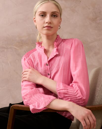 Pink Silk Cotton Pintuck Blouse Women's Blouses Brora Sale