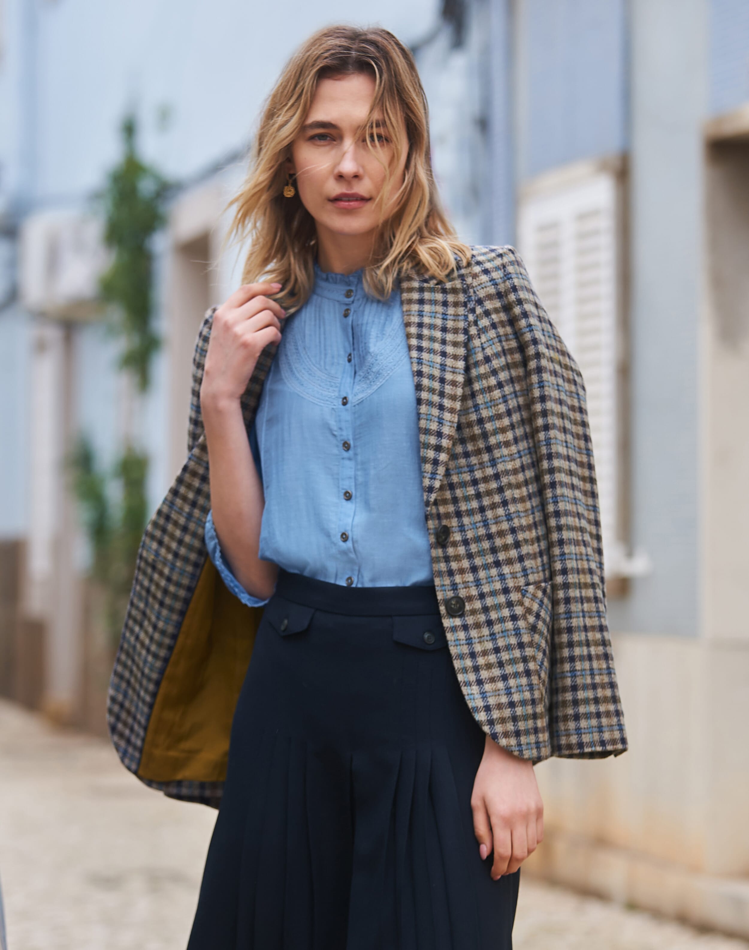 Blue Silk Cotton Pintuck Blouse | Women's Blouses | Brora Sale