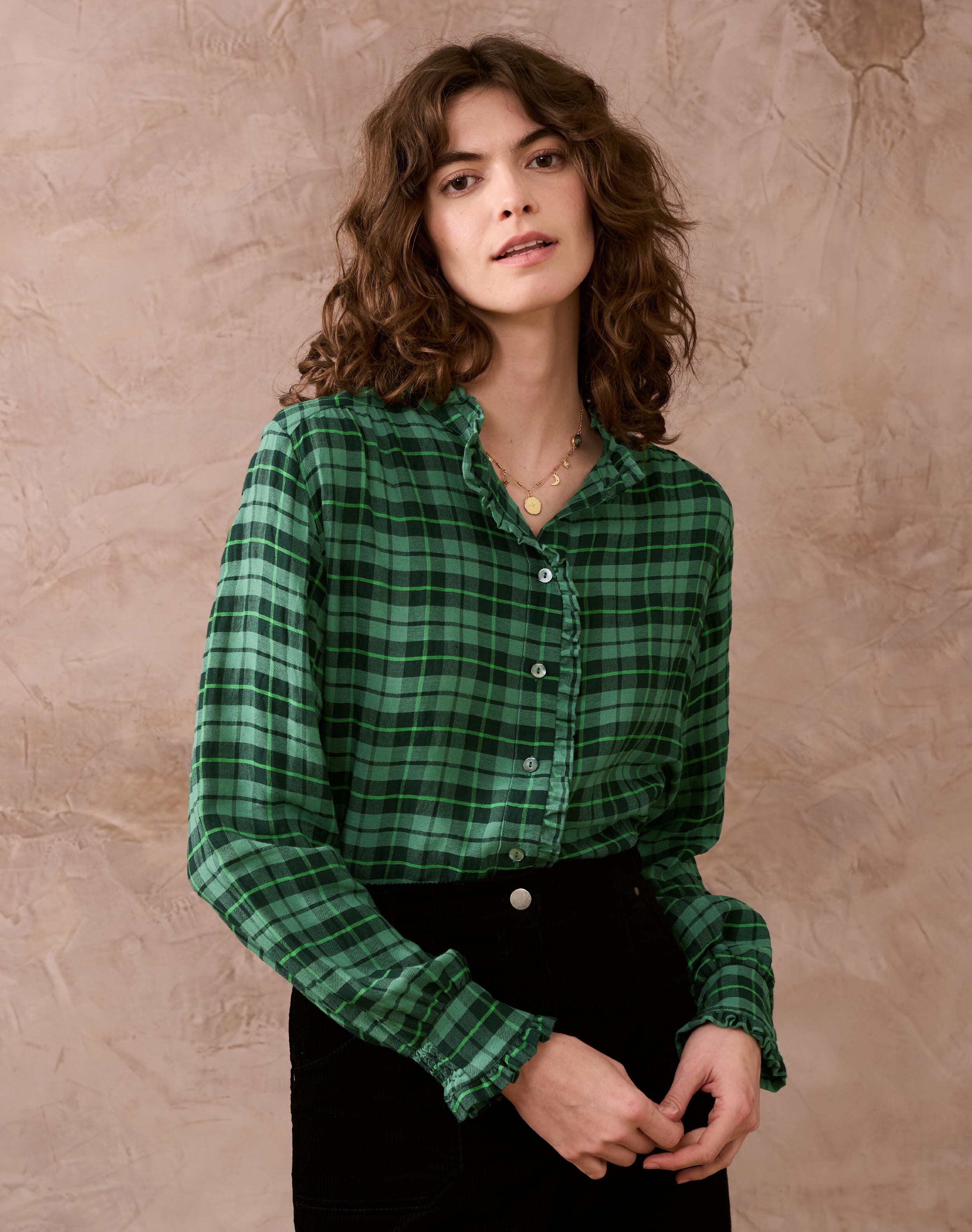 Plaid Frill Collar Blouse Mallard thyme