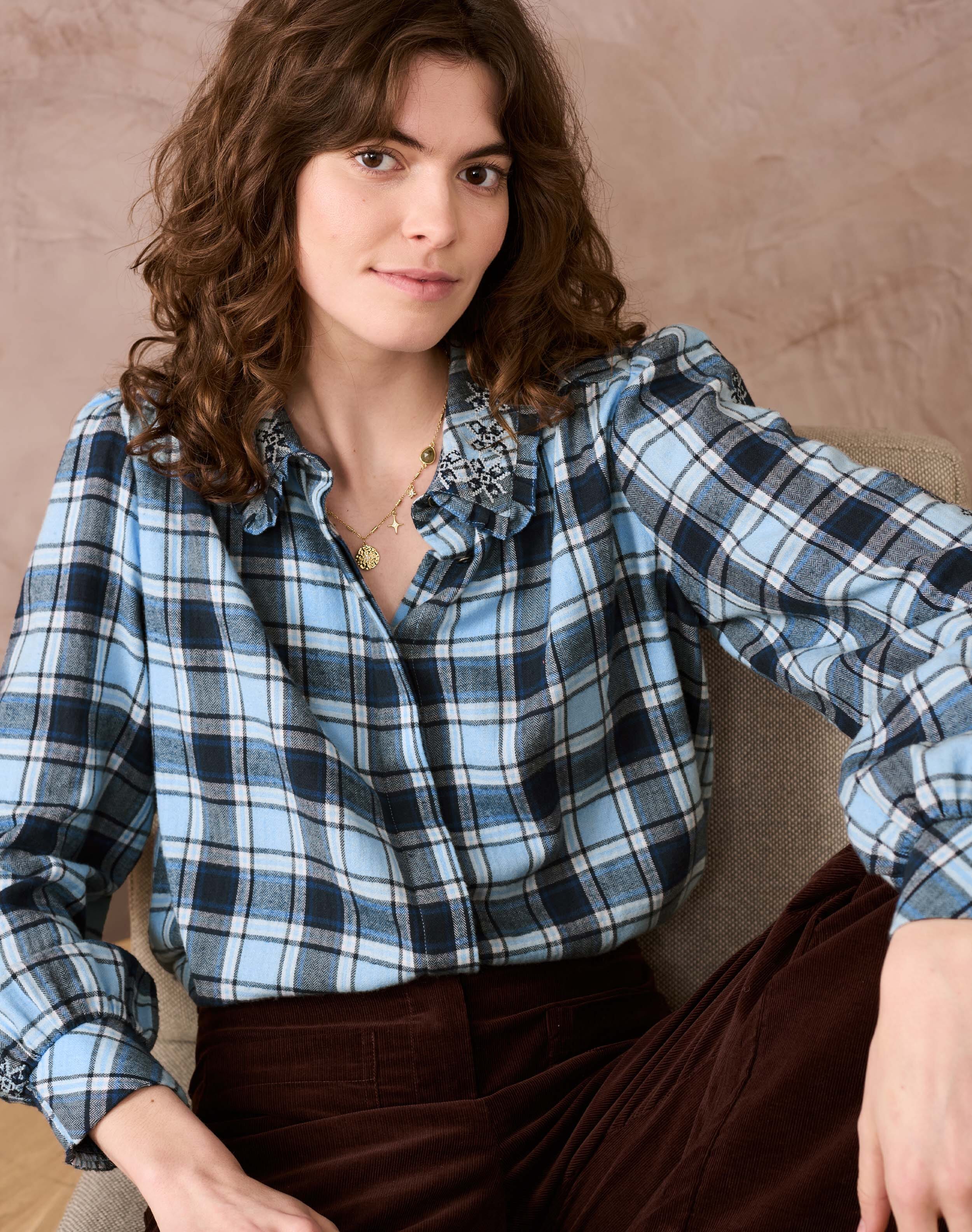 Brora Brushed Cotton Check Shirt Sky &