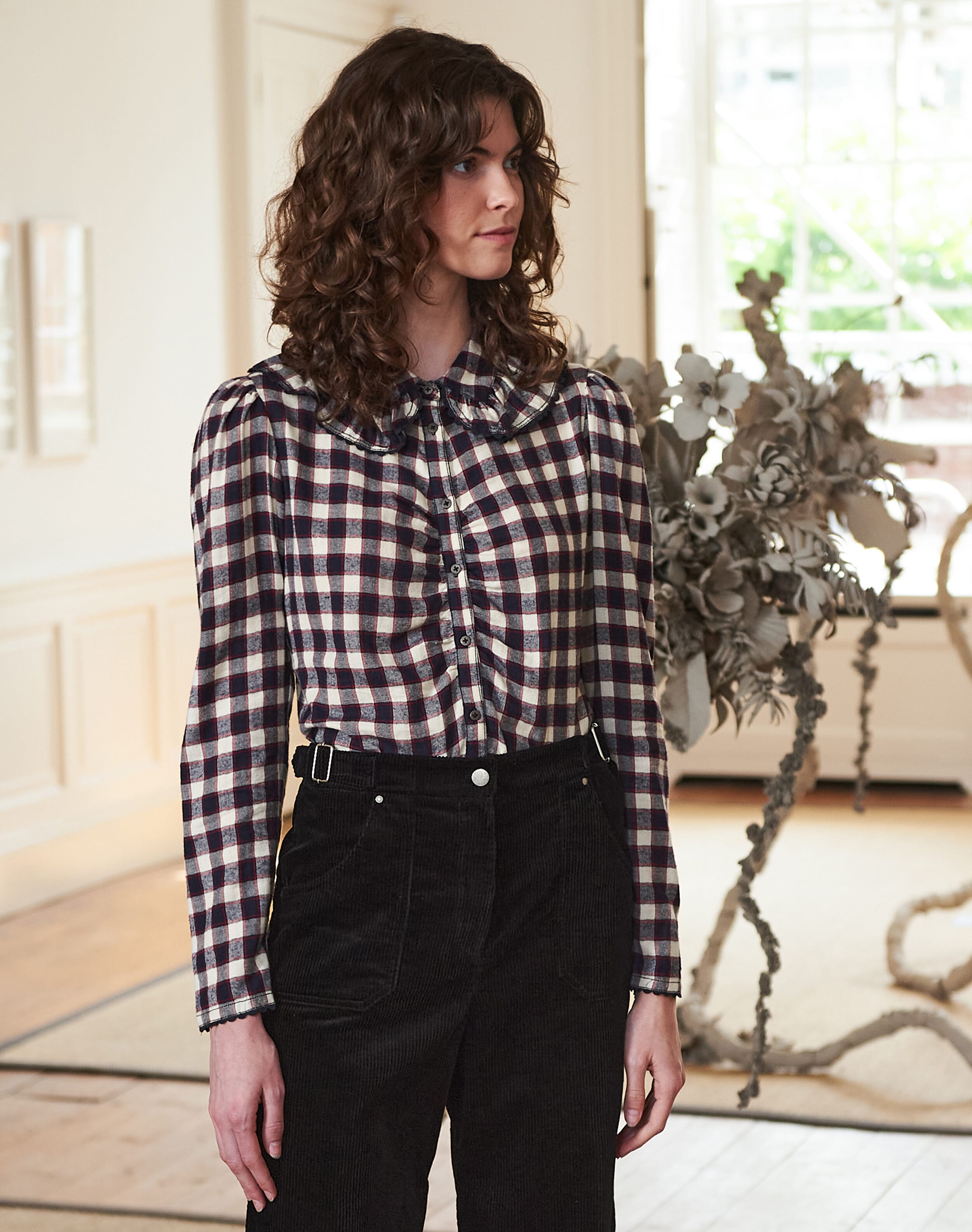 Brushed Cotton Check Ruched Shirt ruby