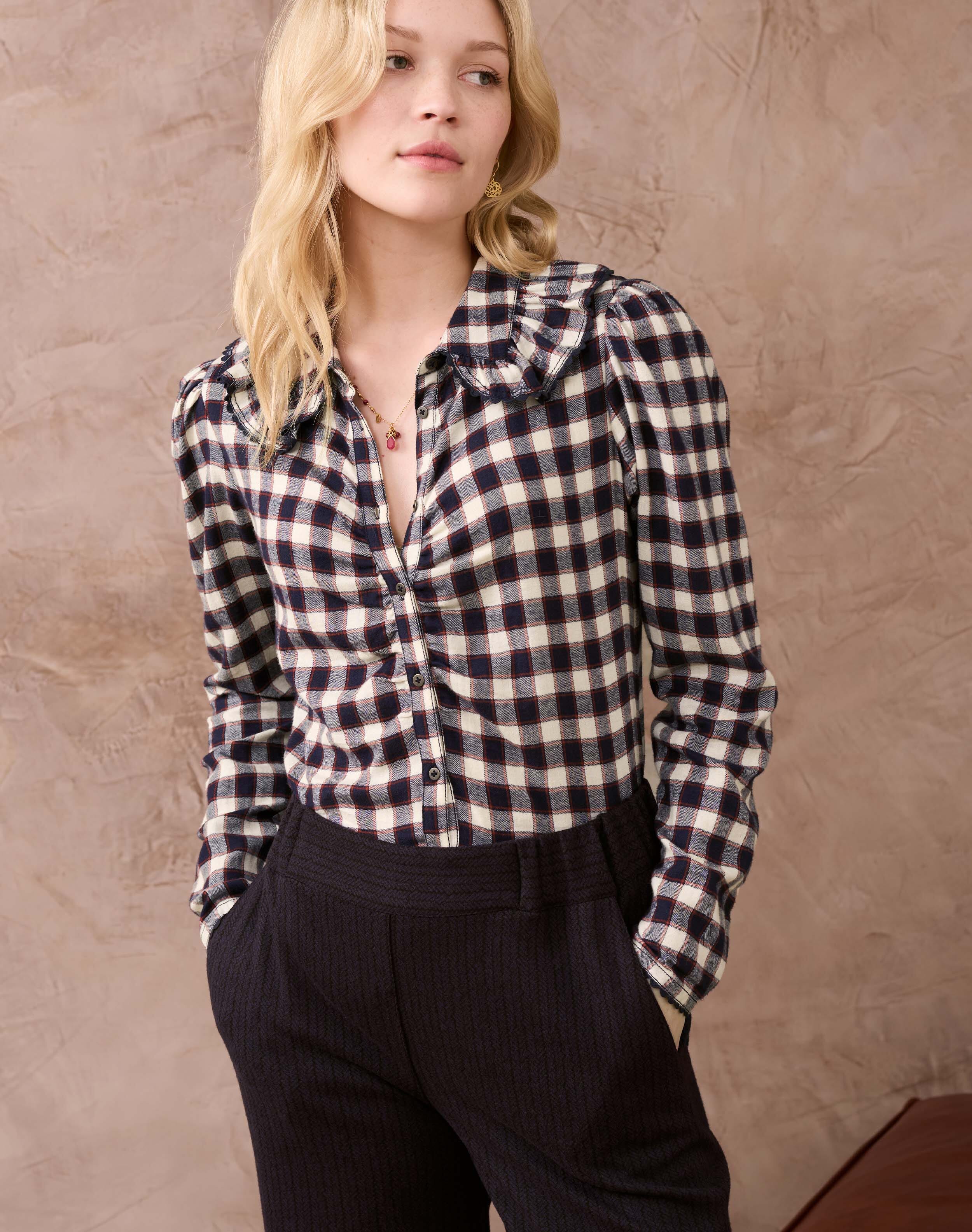 Brora Brushed Cotton Check Ruched Shirt & ruby