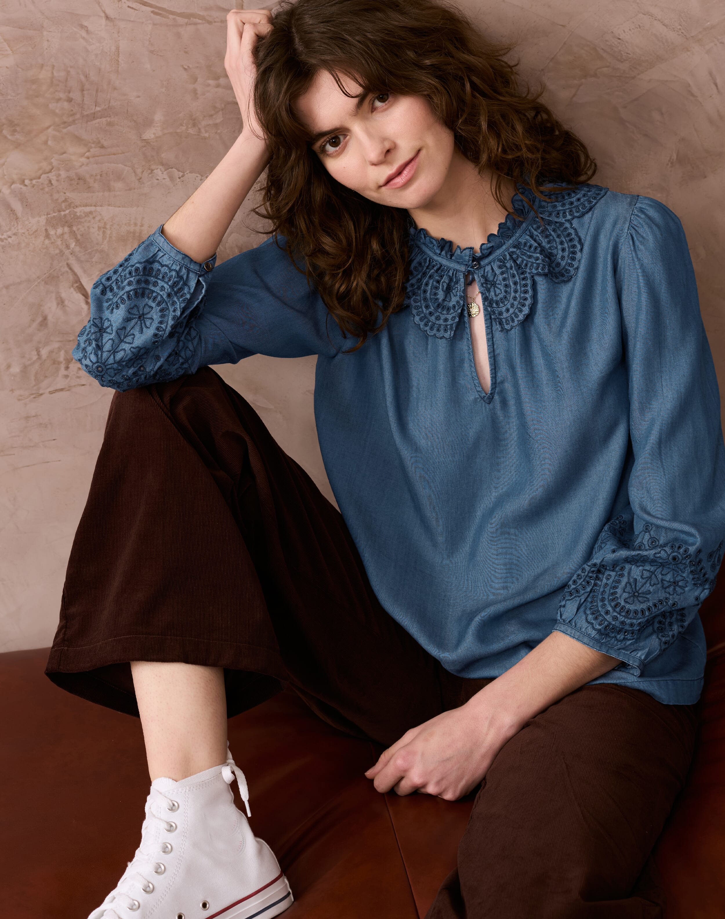 Brora Broderie Anglaise Chambray Blouse Indigo