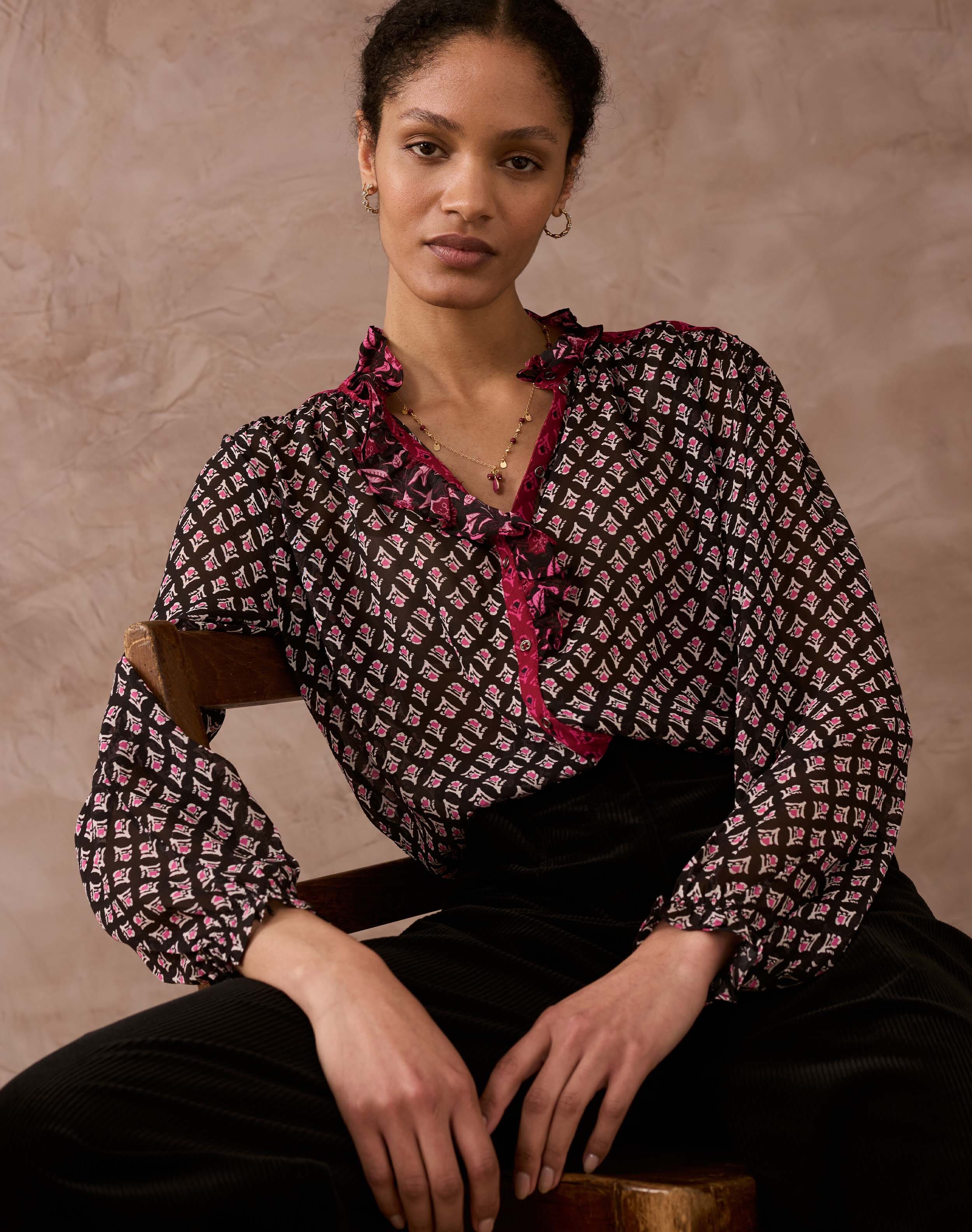 Brora Silk Folk Patchwork Blouse plum