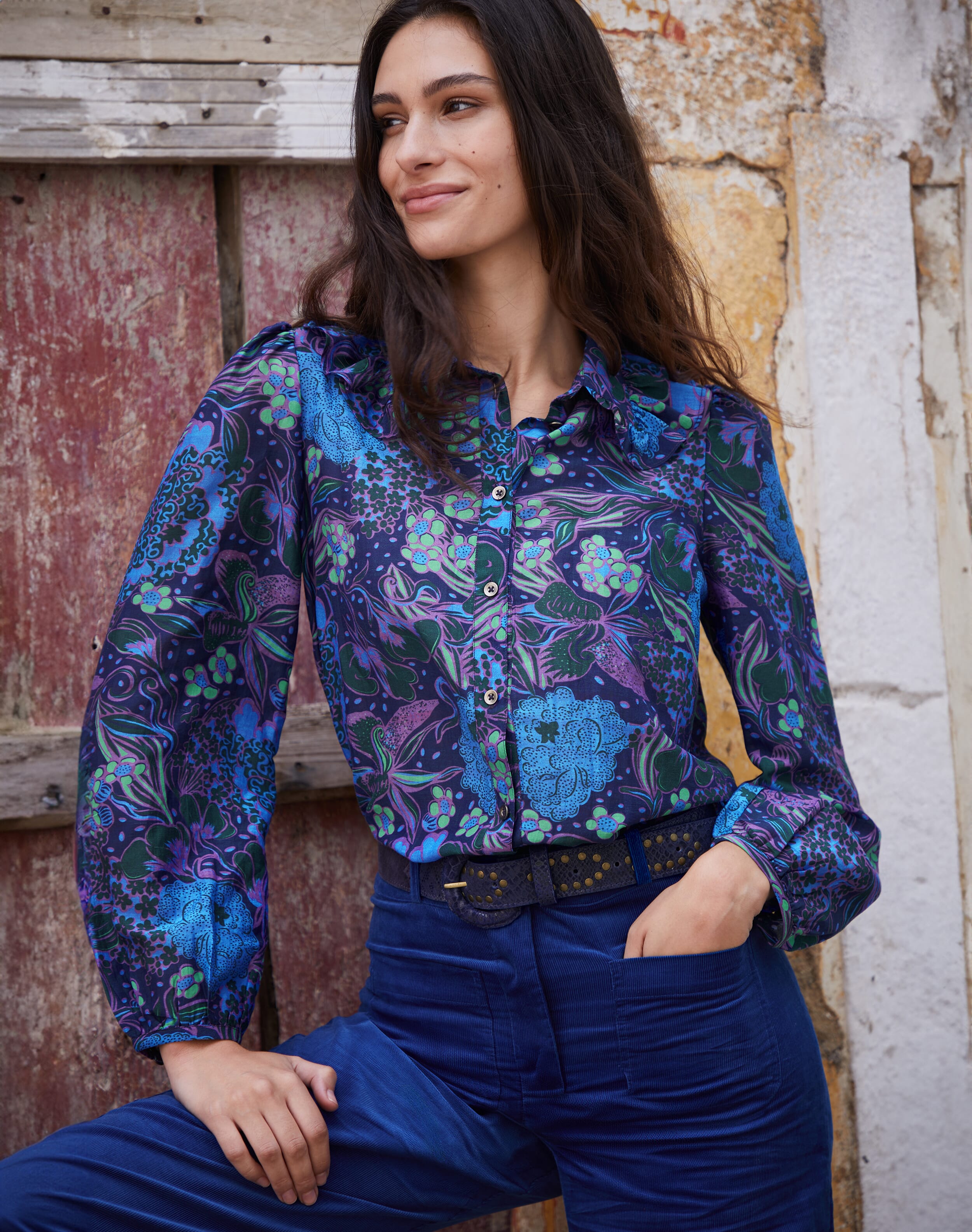 Silk Cotton Hydrangea Print Blouse Ocean amethyst