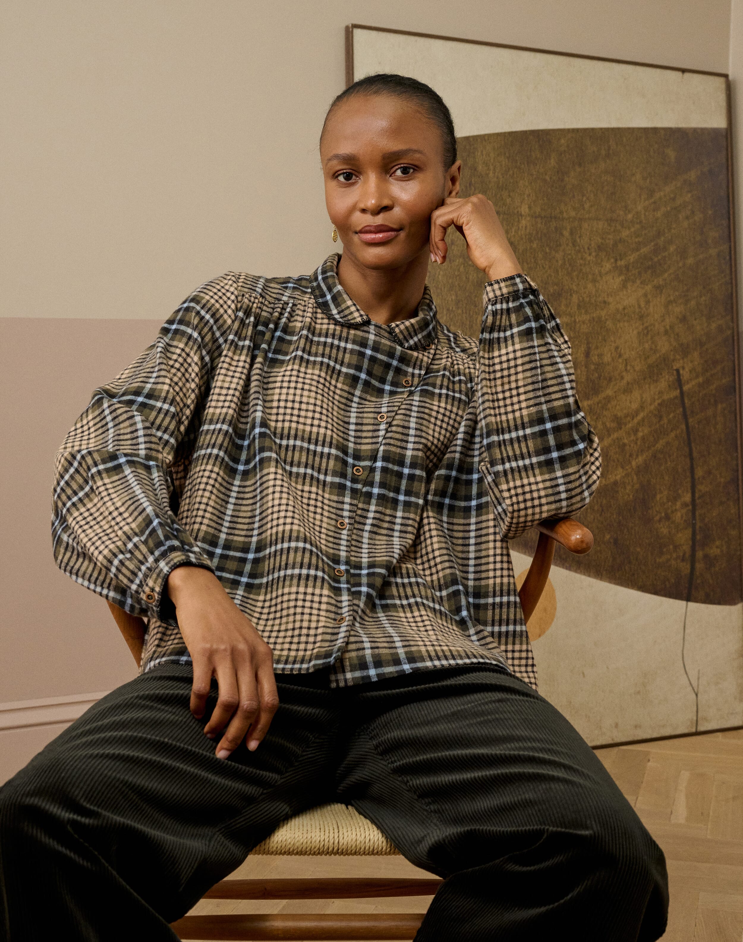 Brora Brushed Cotton Check Smock Blouse Moss & stone