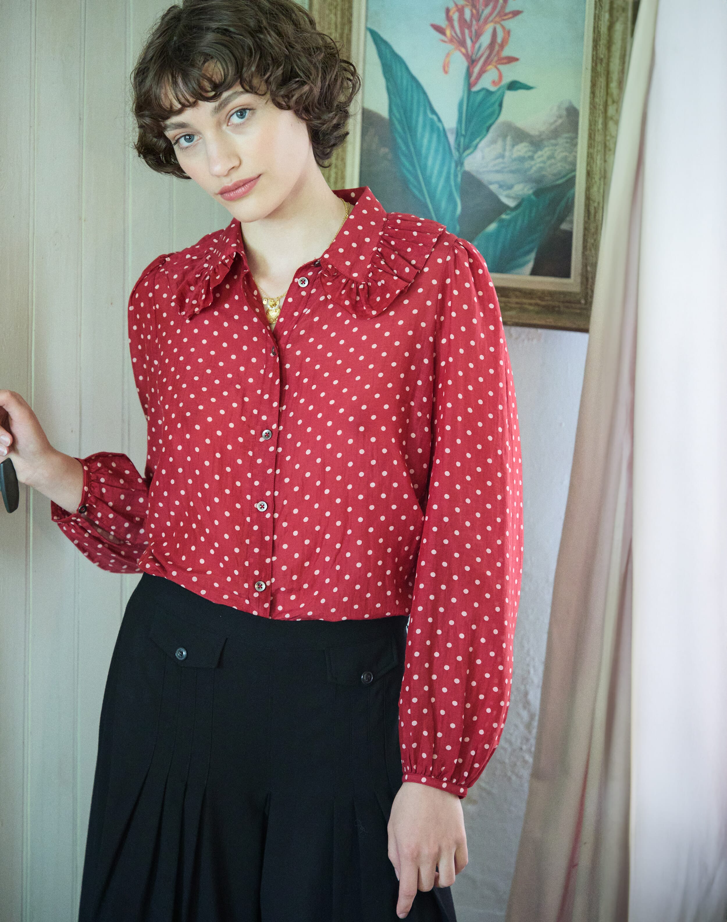 Brora Silk Cotton Polka Dot Print Blouse Rosehip