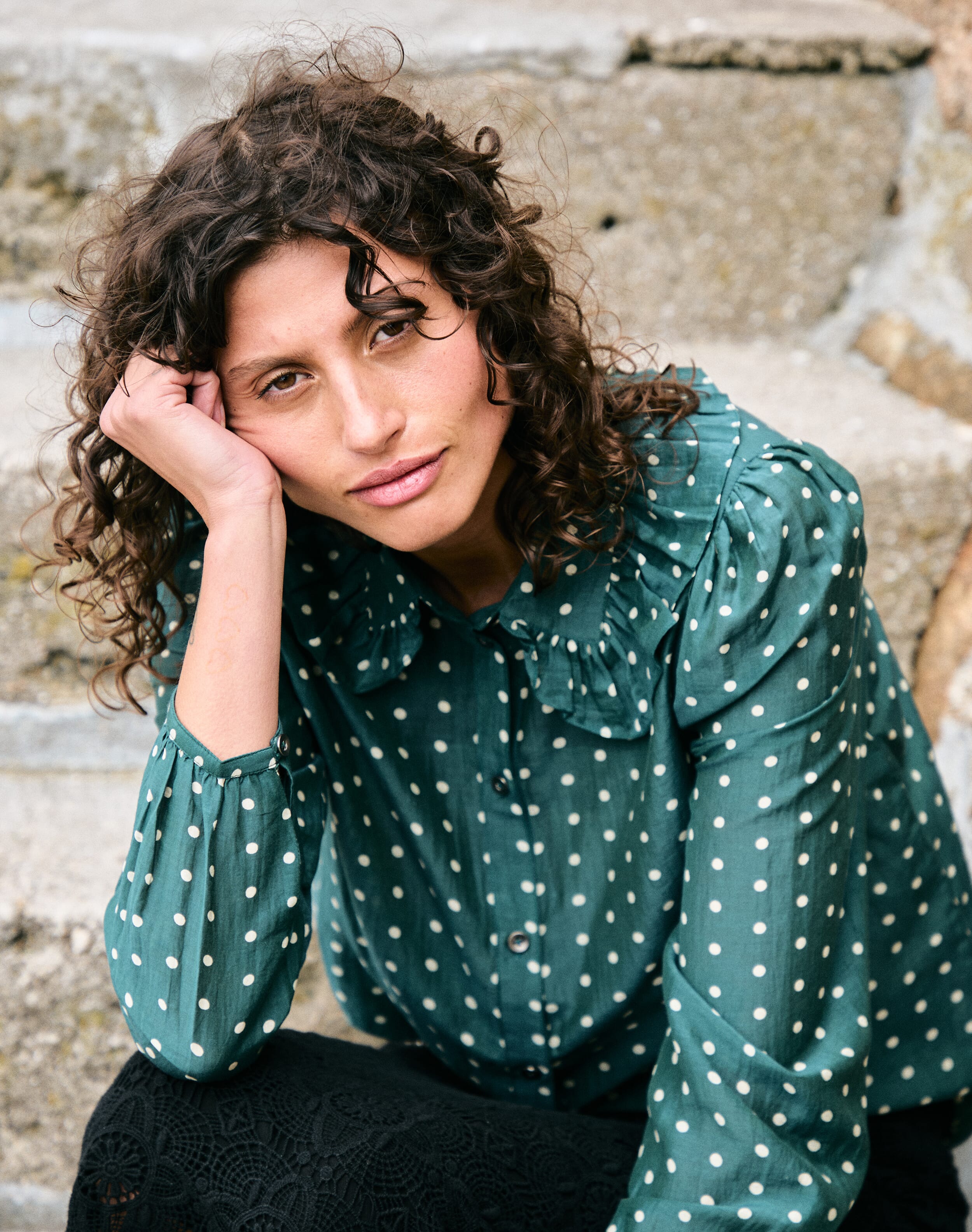 Brora Silk Cotton Polka Dot Print Blouse Ivy