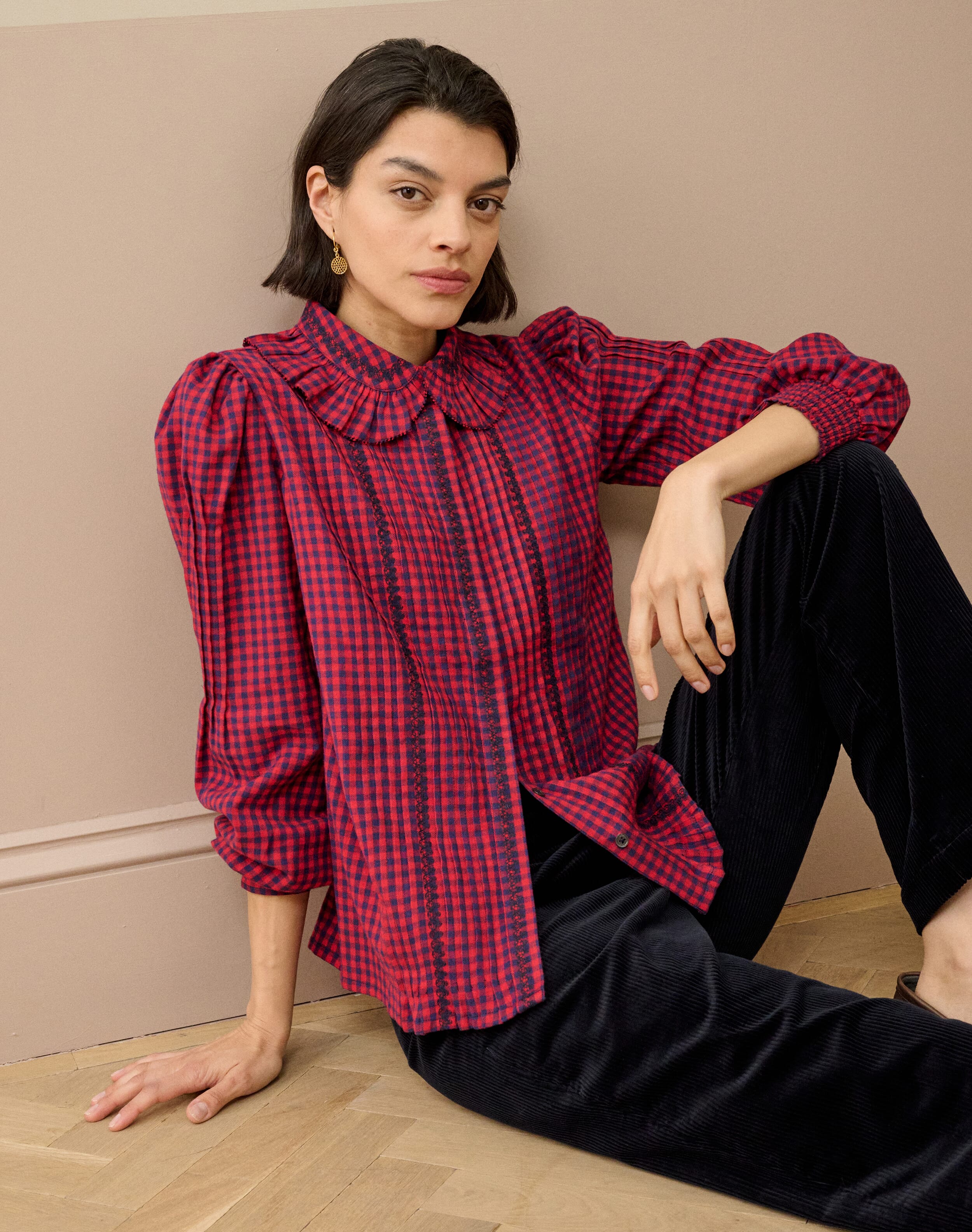 Brora Brushed Cotton Gingham Blouse Navy & redcurrant