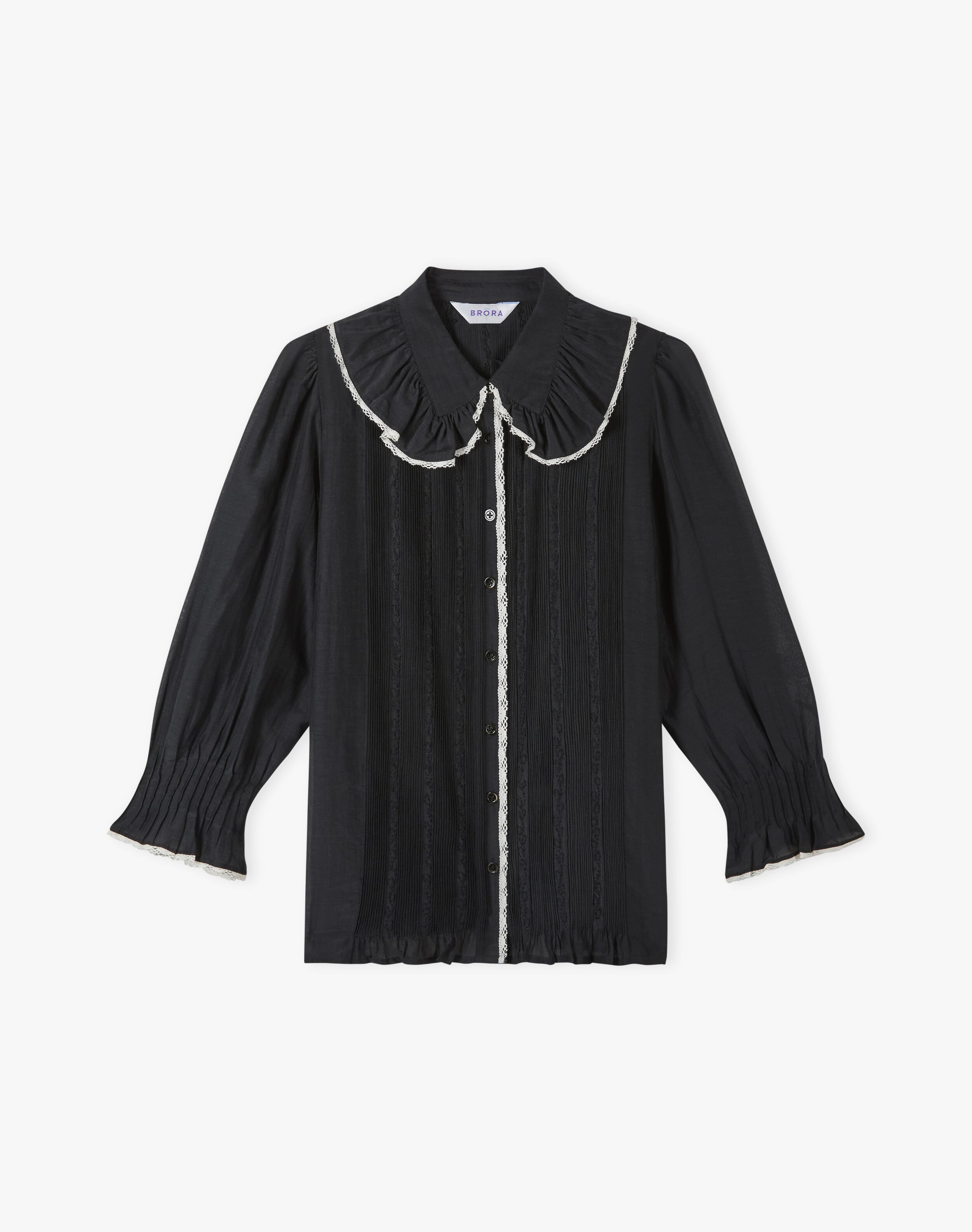 Silk Cotton Frill Collar Shirt in Black | Womenswear | Brora