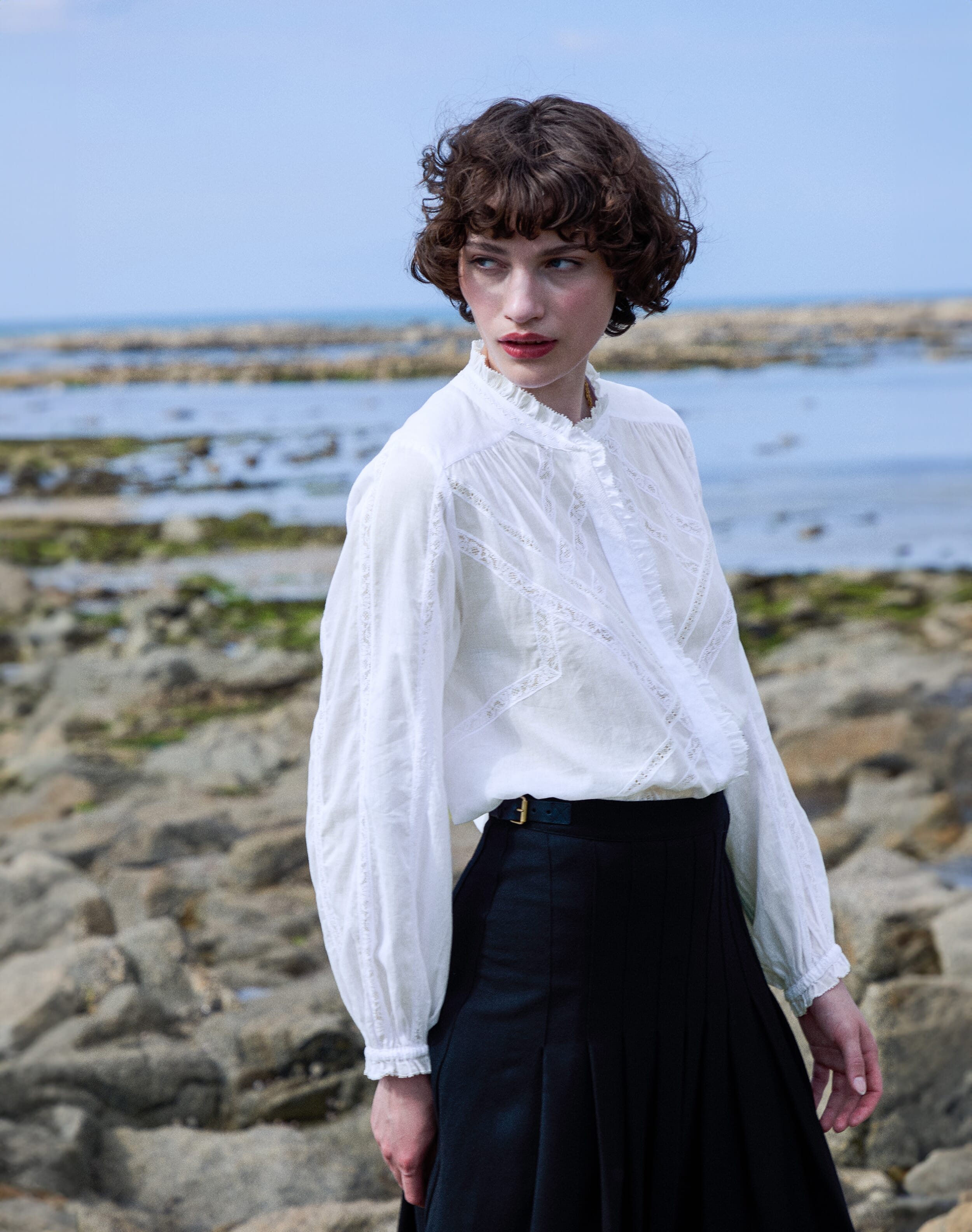 Brora Organic Cotton Lace Smock Blouse White