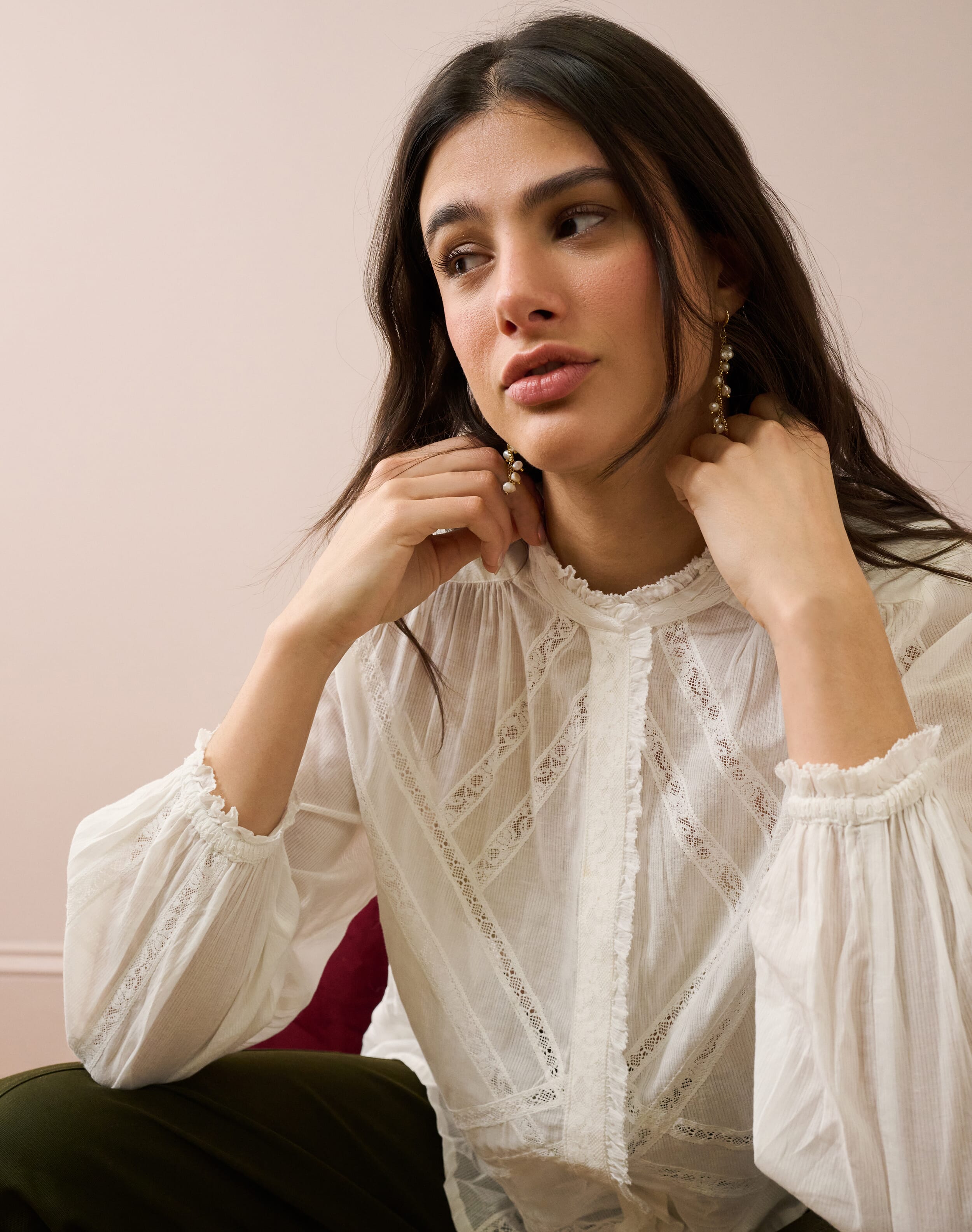 Brora Organic Cotton Lace Smock Blouse White