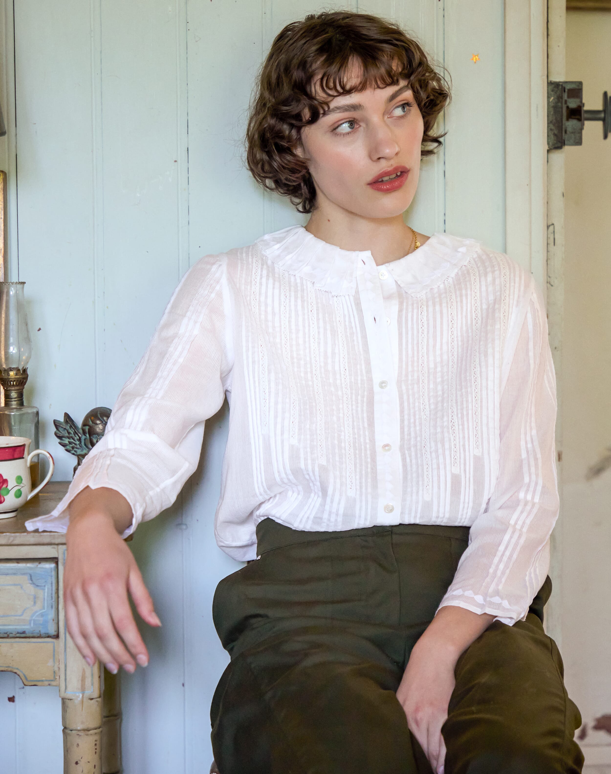 Organic Cotton Pintuck & Lace Blouse in White | Brora Clearance