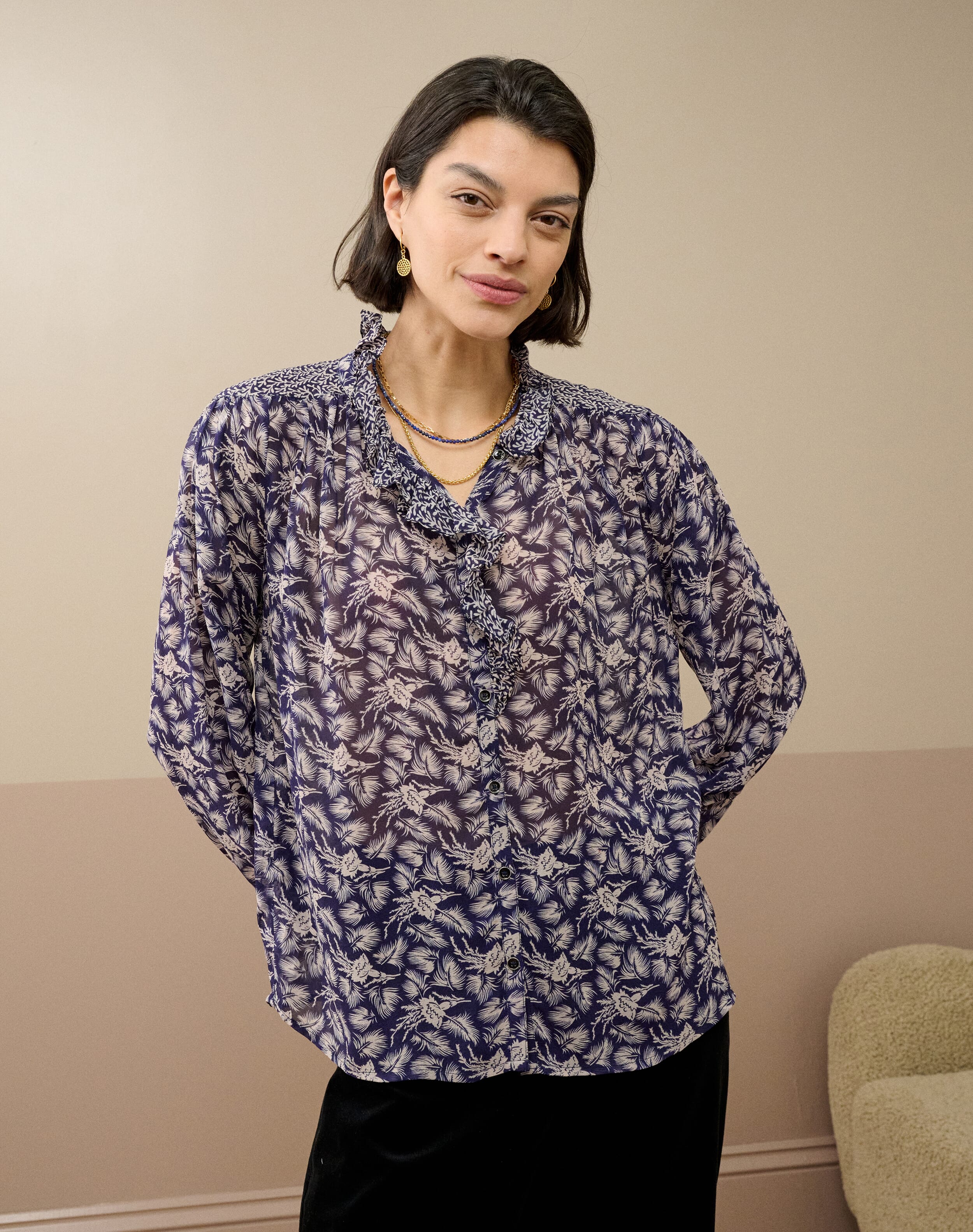Brora Silk Patchwork Print Ruffle Blouse Navy & oyster