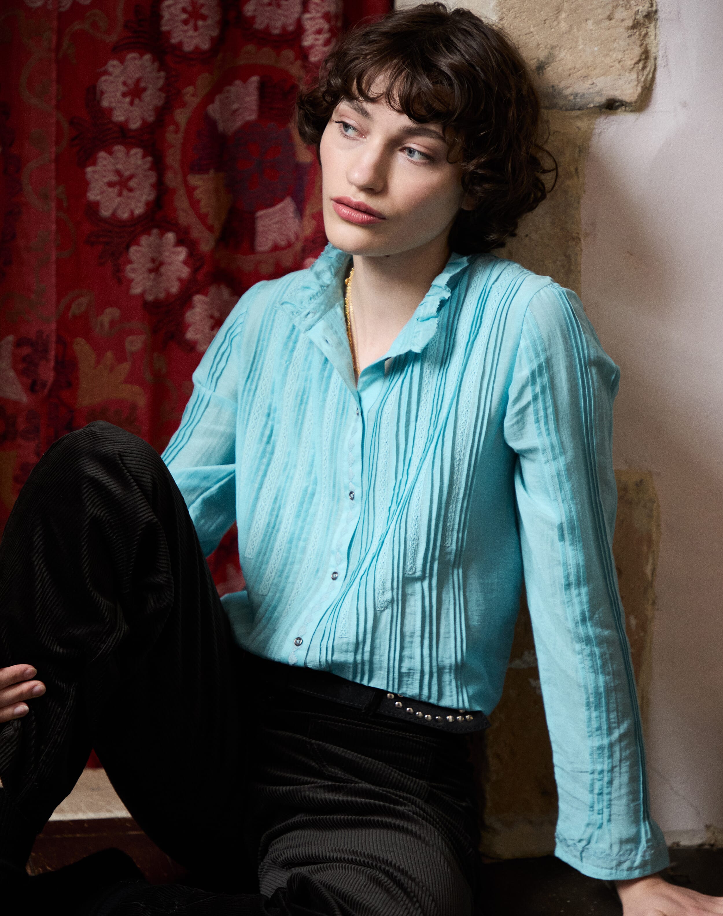 Brora Silk Cotton Pintuck Blouse Aqua