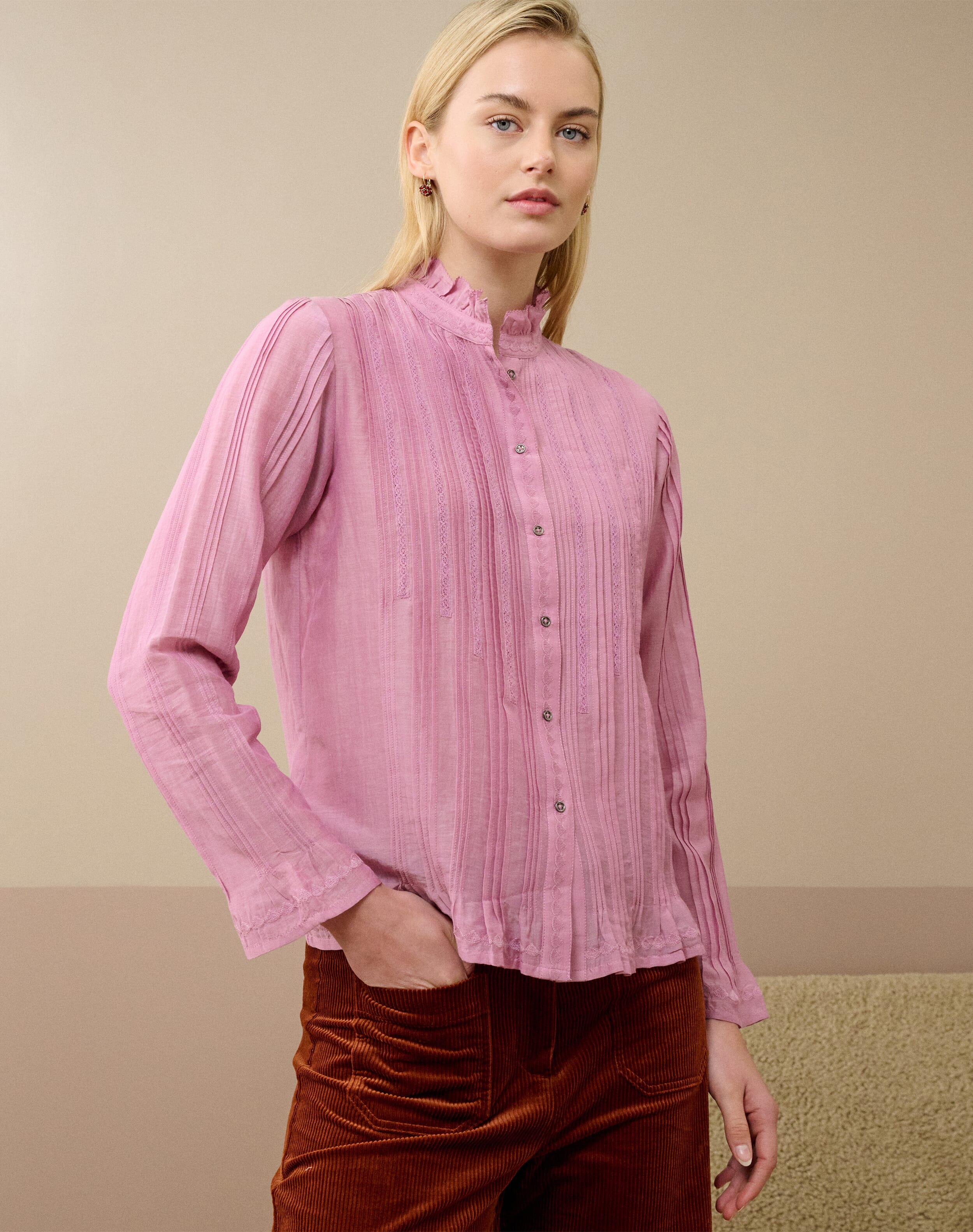 Silk Cotton Pintuck Blouse in Orchid | Brora Clearance