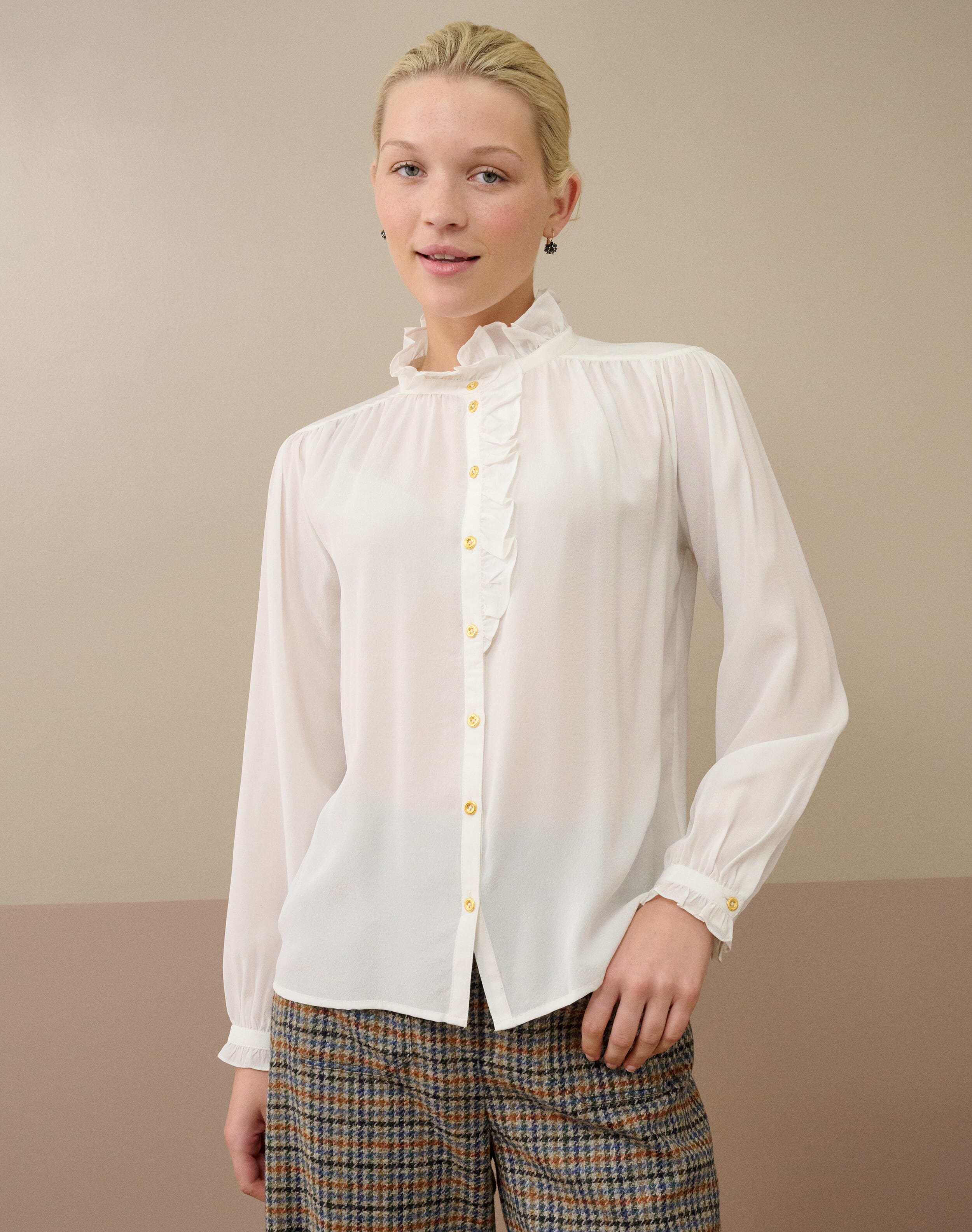 Brora Silk Crepe De Chine Ruffle Blouse Ivory