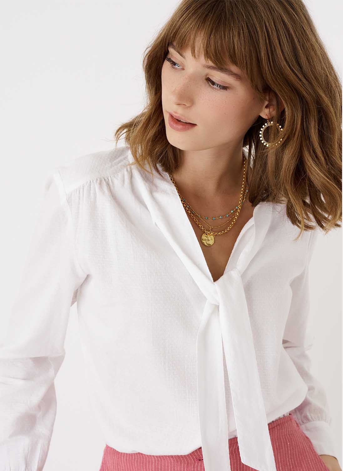 White Women's Textured Cotton Pussy Bow Blouse