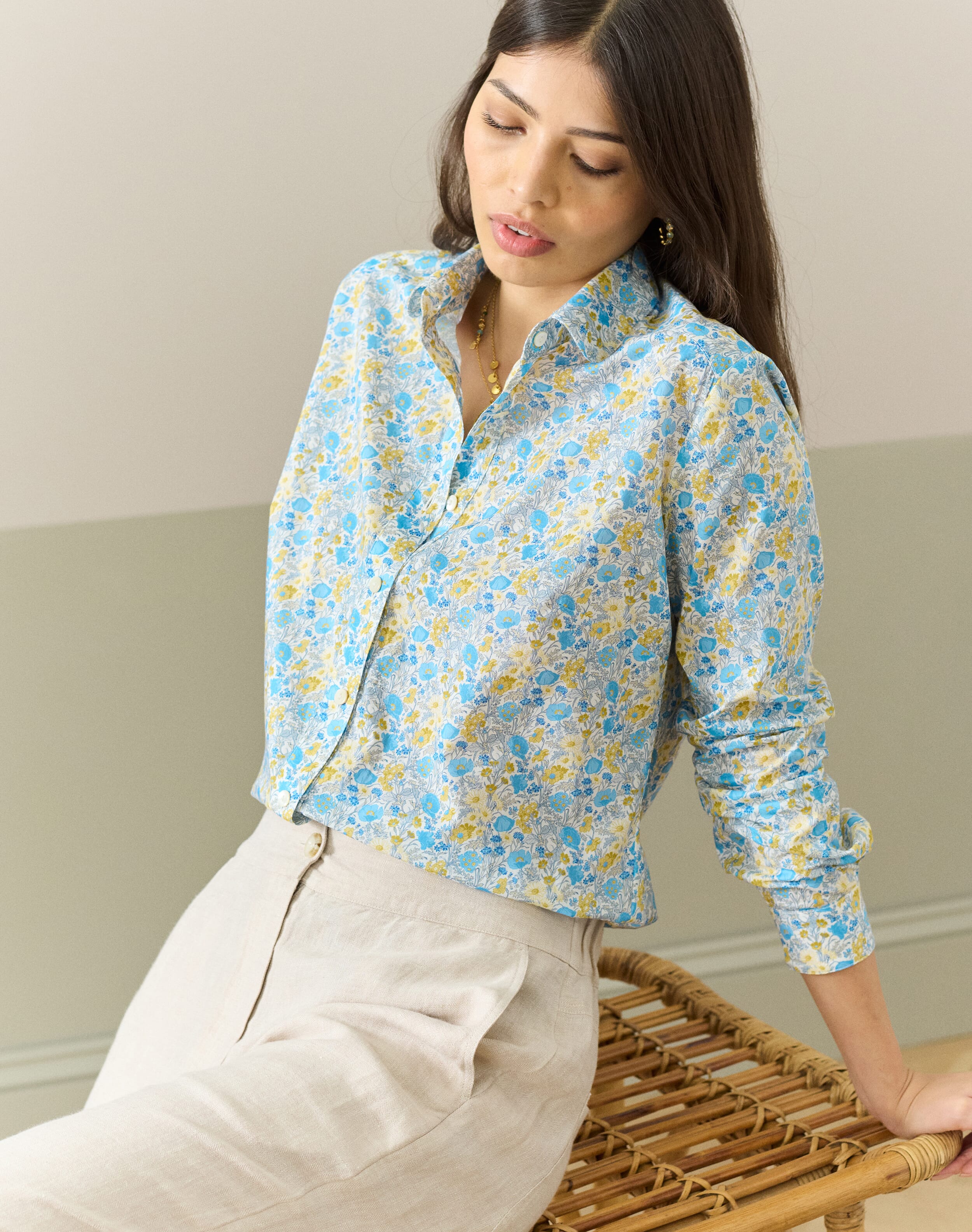 Brora Liberty Print Organic Tana Lawn Shirt Periwinkle meadow