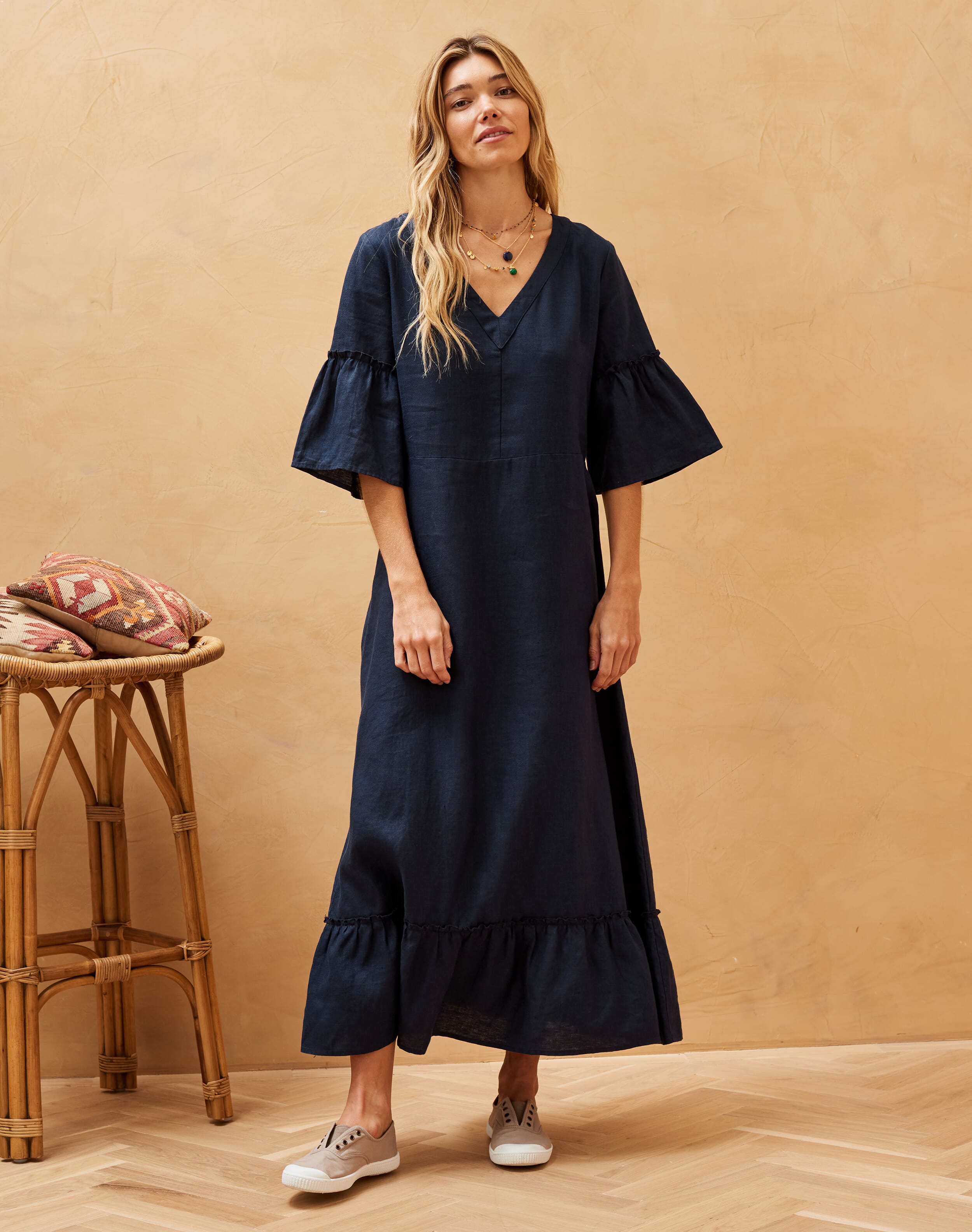 Angel Sleeve Linen Dress Navy