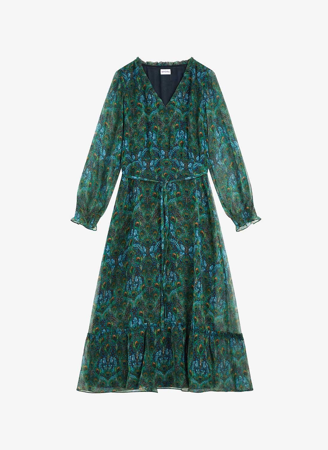 Emerald Peacock Liberty Print Silk Chiffon Dress Silk Dresses Brora